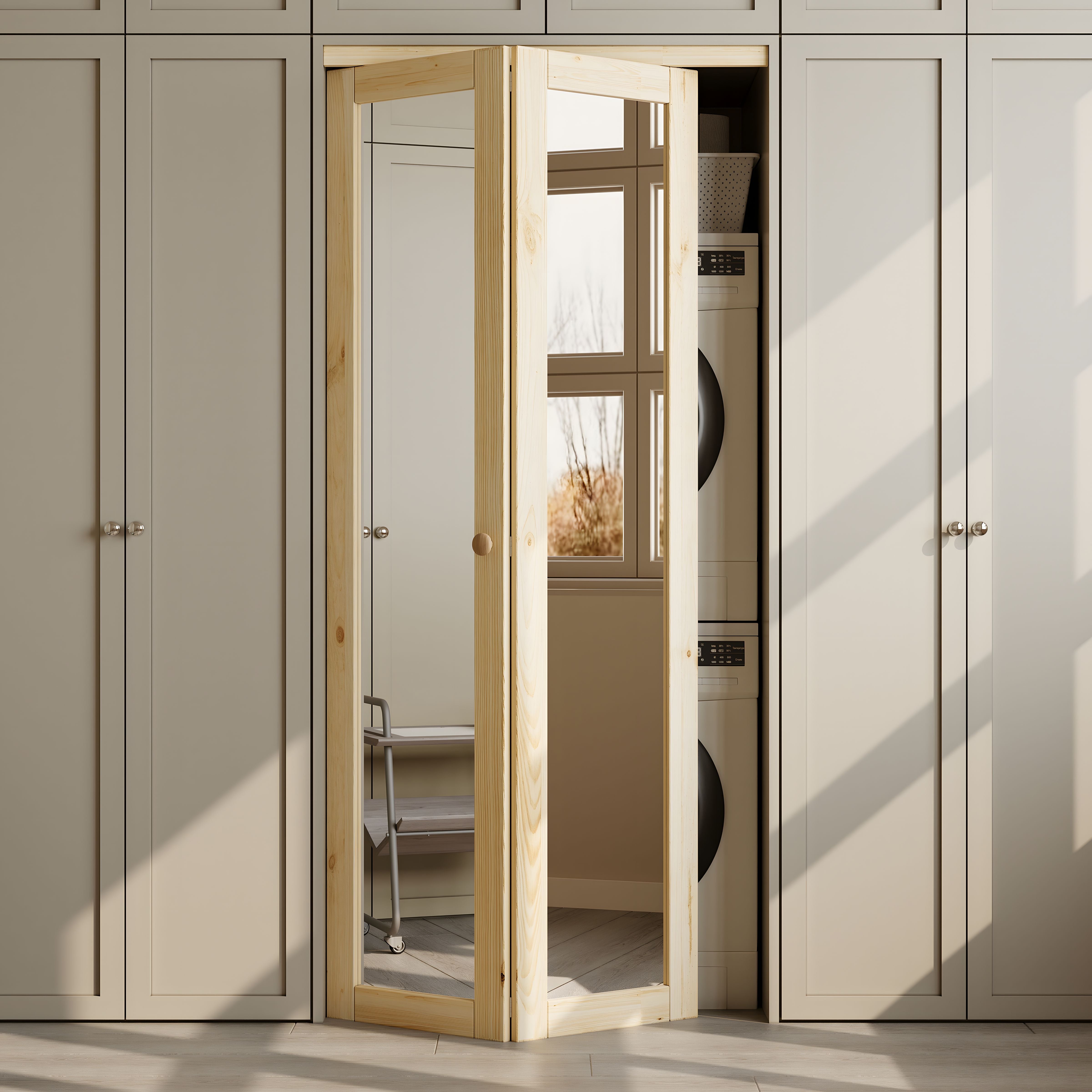 Ark Design 1-Lite Mirror Solid Core Unfinished Pine Wood Interior Closet Bi-Fold Door with Hardware
