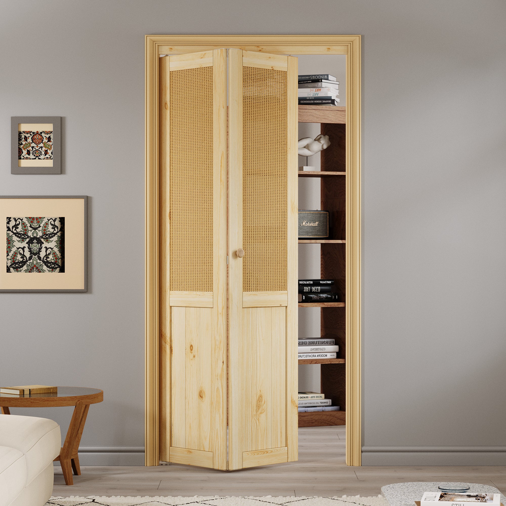 Ark Design Half-Lite Rattan Weaving Solid Core Unfinished Pine Wood Interior Closet Bi-Fold Door with Hardware