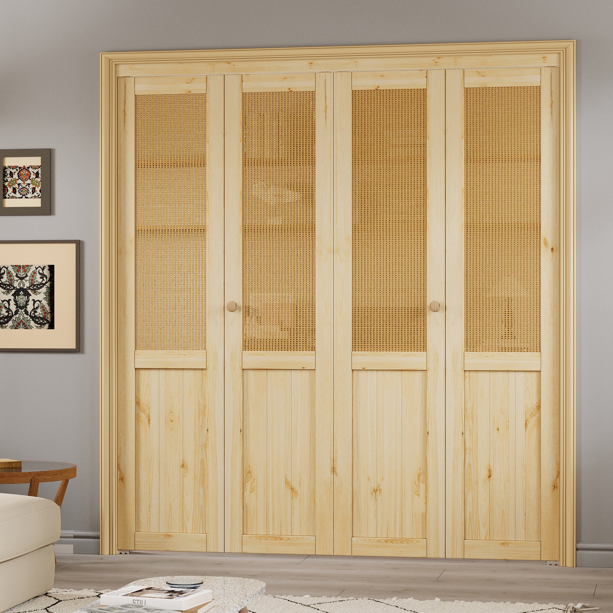 Ark Design Half-Lite Rattan Weaving Solid Core Unfinished Pine Wood Interior Closet Bi-Fold Door with Hardware