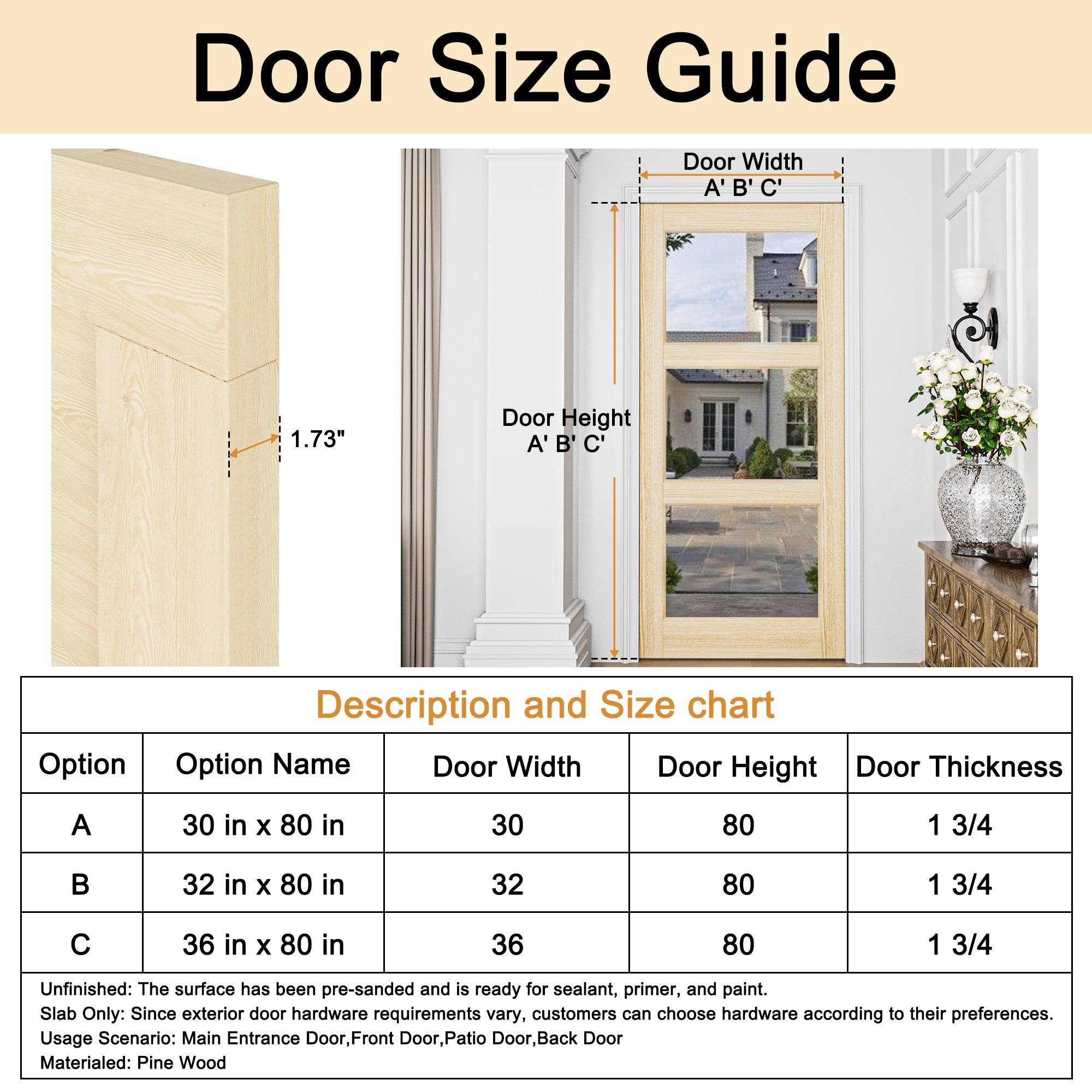 Ark Design Modern Universal/Reversible 3-Lite Tempered Clear Glass Unfinished Pine Wood Front Door Slab