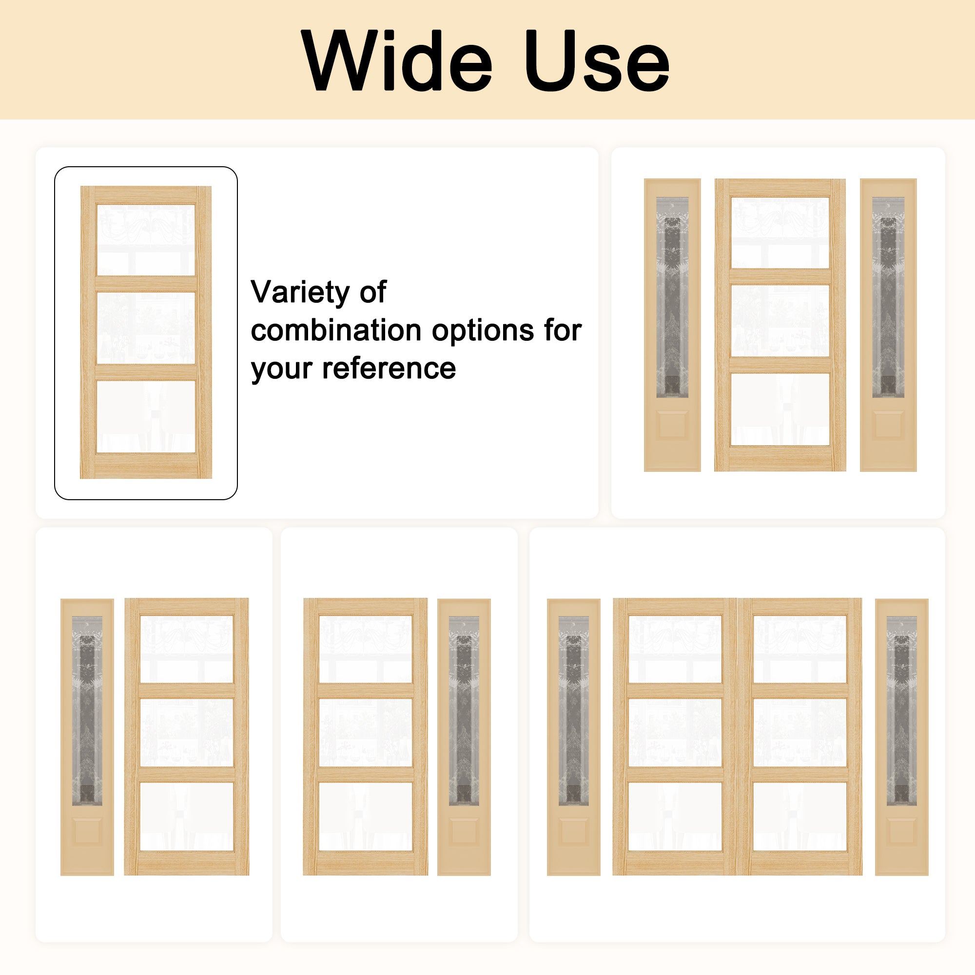 Ark Design Modern Universal/Reversible 3-Lite Tempered Clear Glass Unfinished Pine Wood Front Door Slab