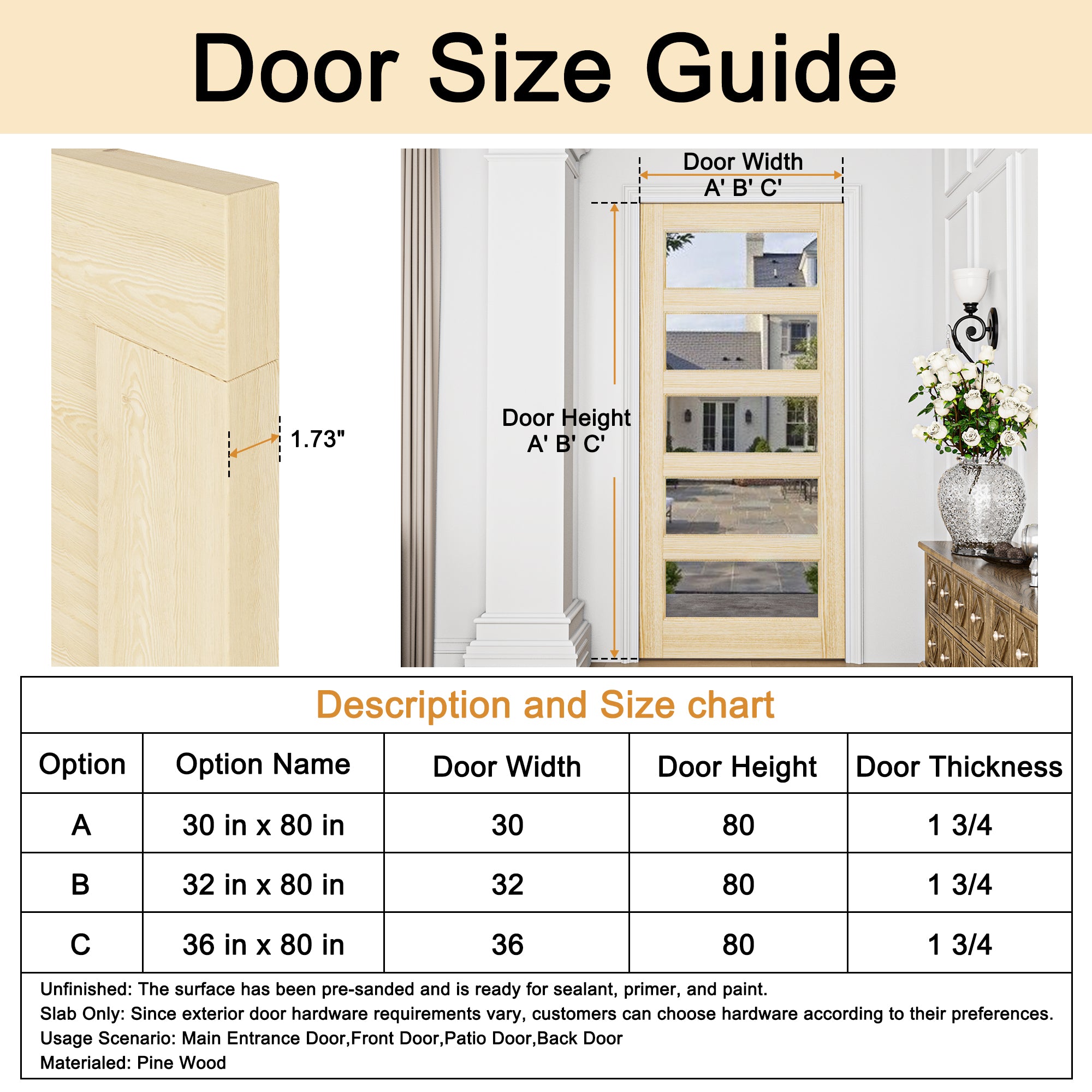 Ark Design Modern Universal/Reversible 5-Lite Tempered Clear Glass Unfinished Pine Wood Front Door Slab