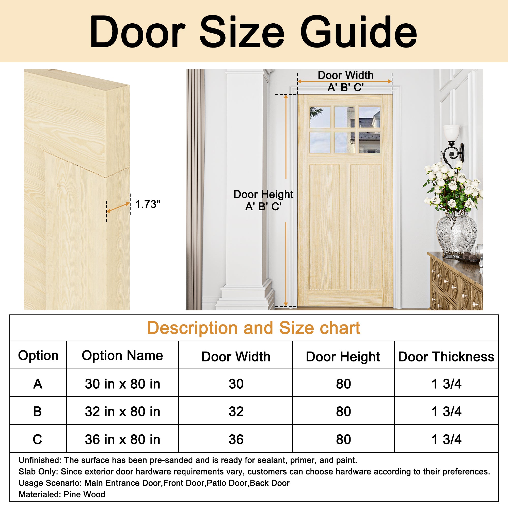 Ark Design Universal/Reversible 6-Lite Clear Glass and 2-Panel Unfinished Pine Wood Front Door Slab