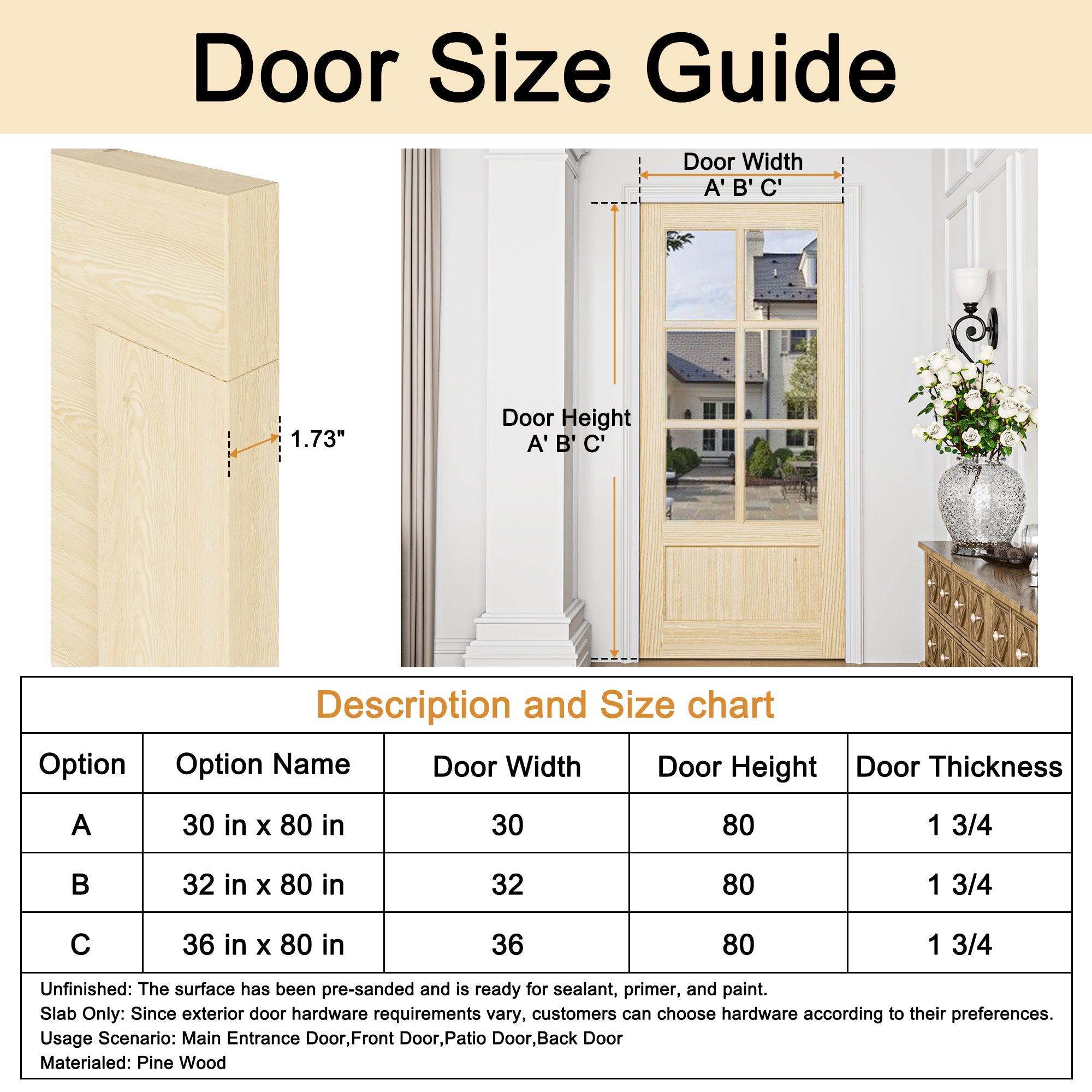 Ark Design Universal/Reversible 6-Lite Clear Glass and 1-Panel Unfinished Pine Wood Front Door Slab