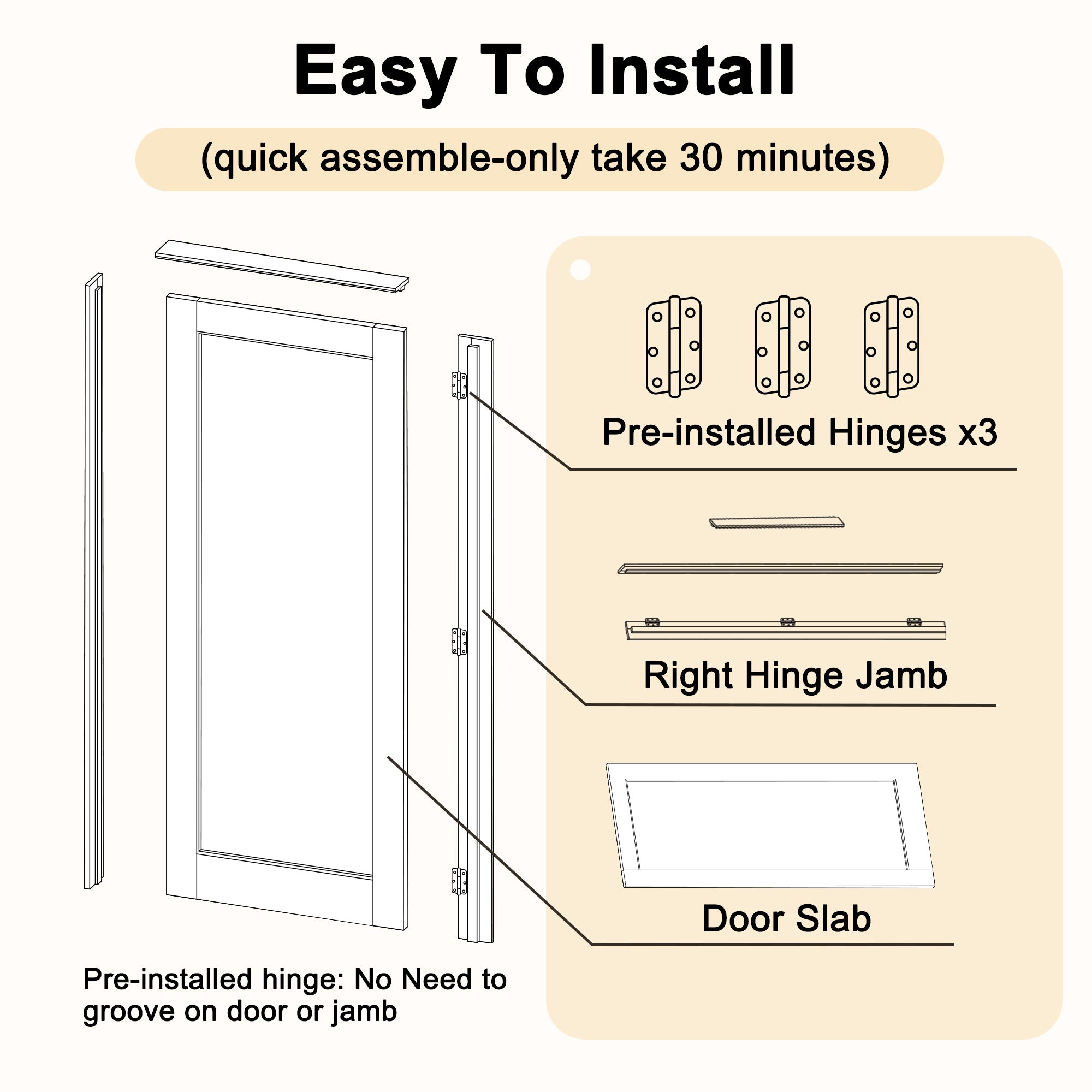 Ark Design Modern Universal/Reversible 3-Lite Tempered Clear Glass Unfinished Pine Wood Front Door Slab