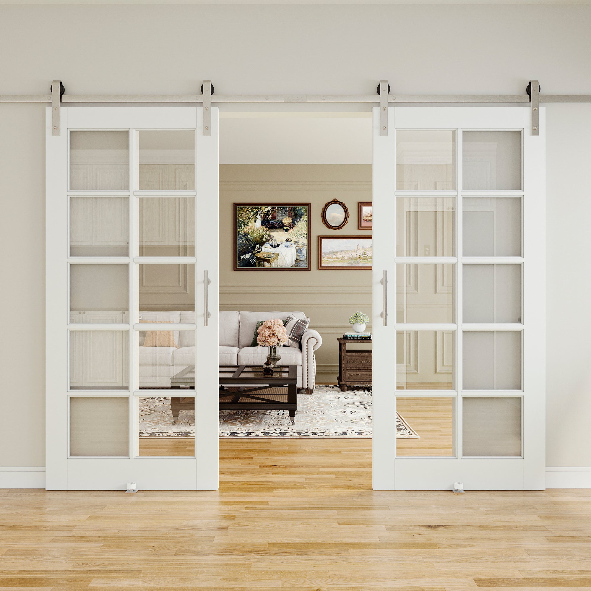 Ark Design 80" & 96" High 10-Lite Tempered Clear Gl Solid Core MDass White PrimedF Sliding Barn Door with Brushed Nickle Hardware Kit