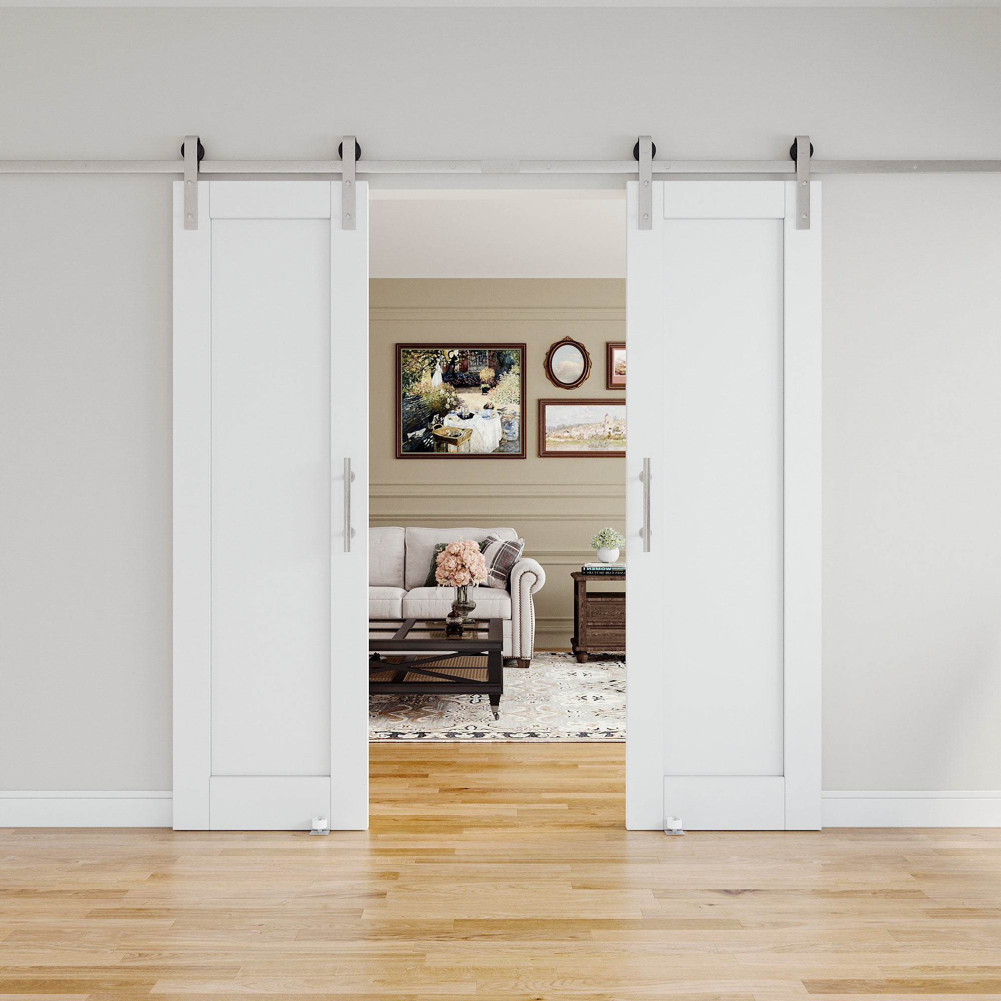 Ark Design 1 Panel White Primed Paneled MDF Sliding Barn Door with Brushed Nickle Hardware Kit