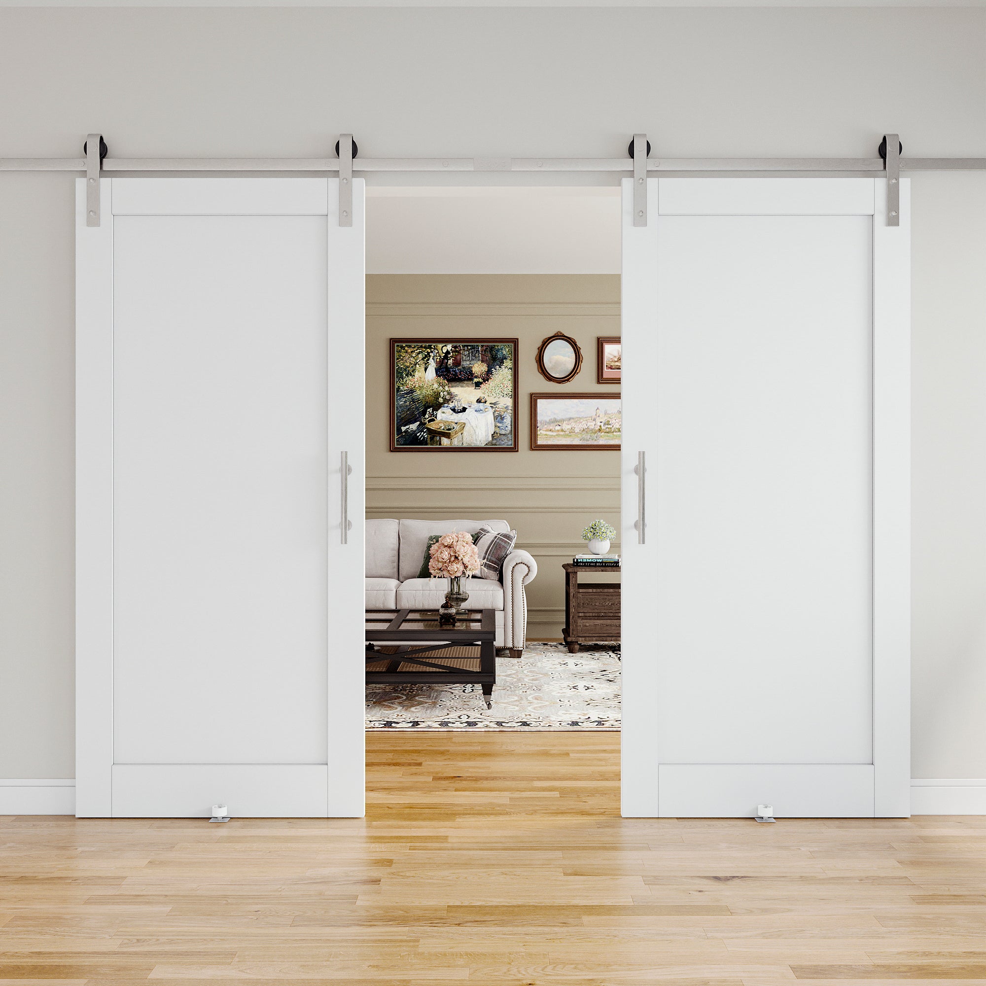 Ark Design 1 Panel White Primed Paneled MDF Sliding Barn Door with Brushed Nickle Hardware Kit