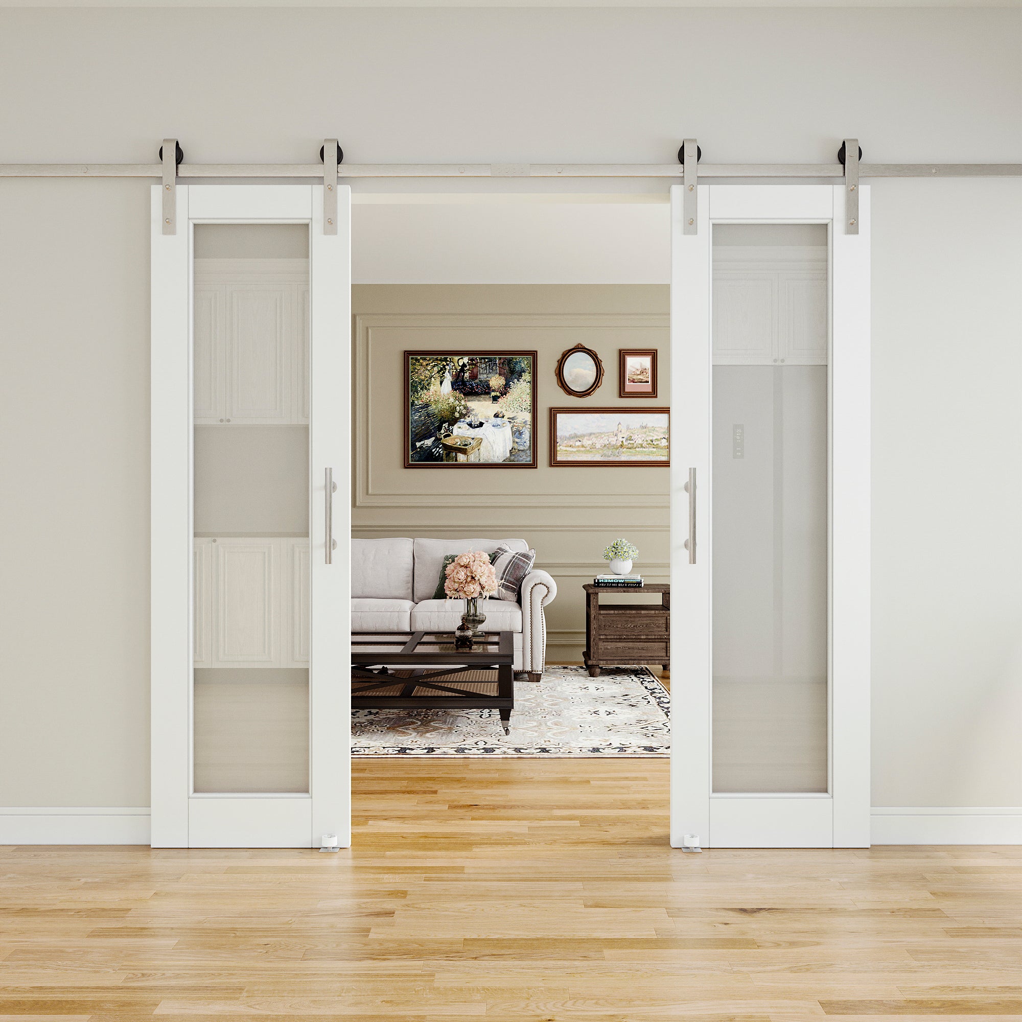 Ark Design 1-Lite Tempered Clear Glass White Primed Solid Core MDF Sliding Barn Door with brushed nickle barn door hardware Kit