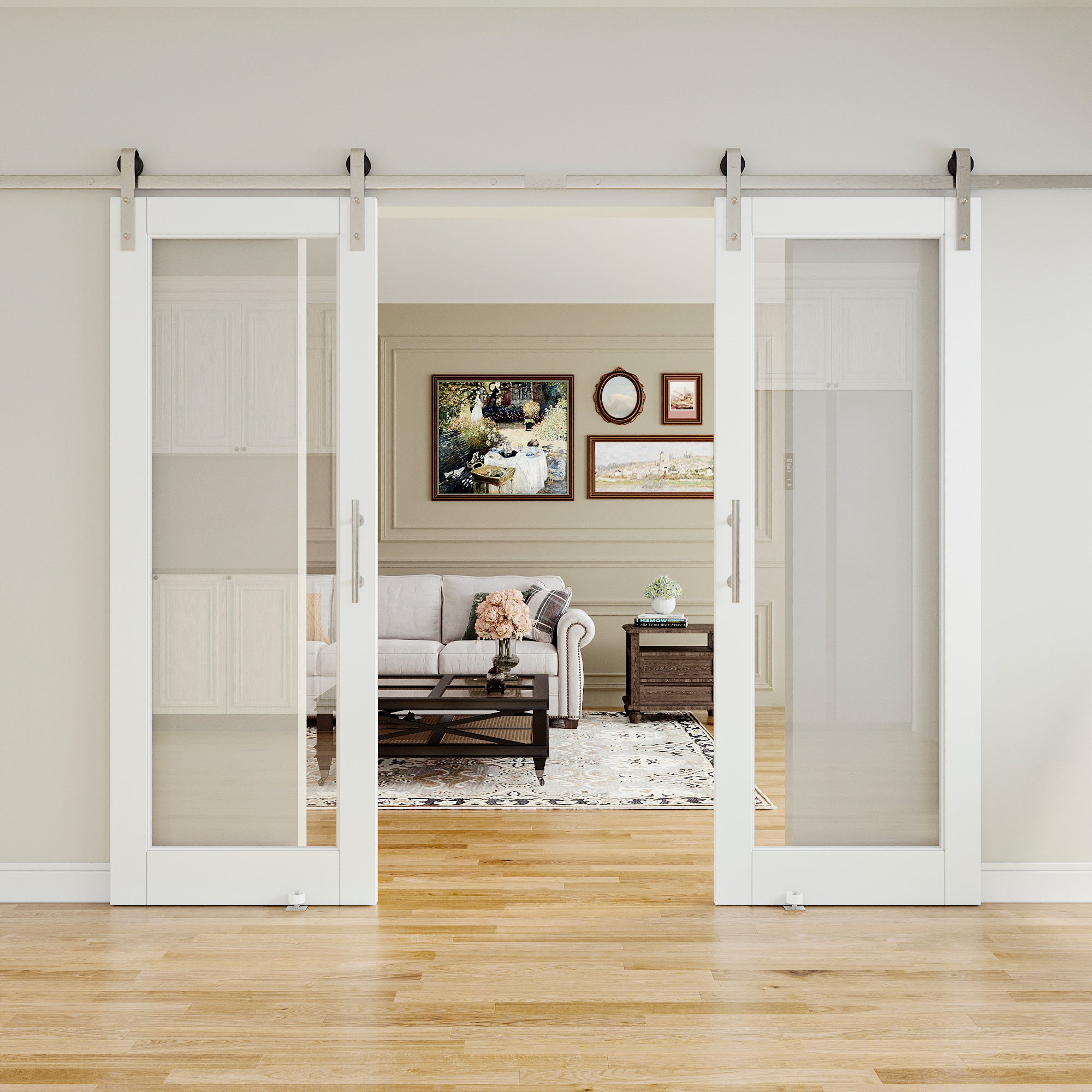 Ark Design 1-Lite Tempered Clear Glass White Primed Solid Core MDF Sliding Barn Door with brushed nickle barn door hardware Kit