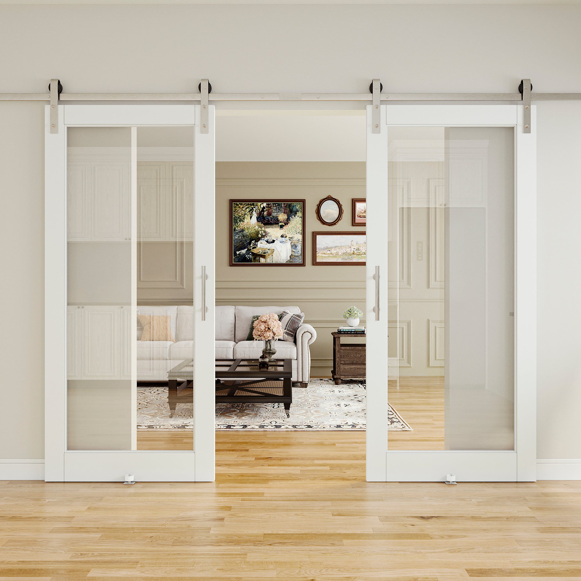 Ark Design 1-Lite Tempered Clear Glass White Primed Solid Core MDF Sliding Barn Door with brushed nickle barn door hardware Kit