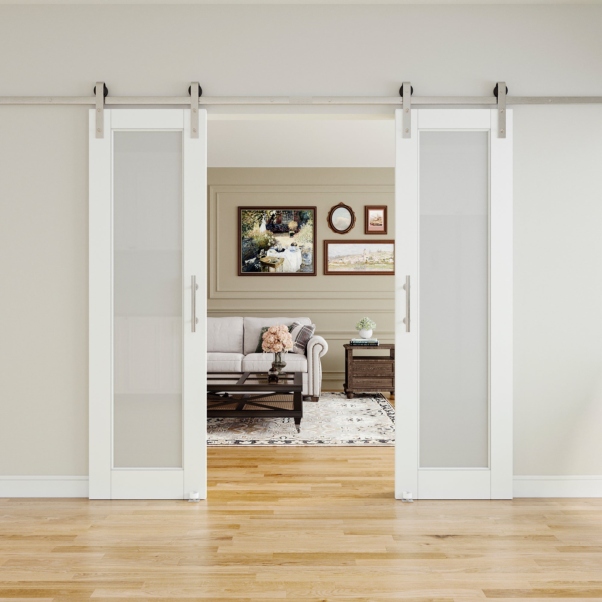 Ark Design 1-Lite Tempered Frosted Glass White Primed MDF Composite Sliding Barn Door with brushed nickle barn door hardware Kit
