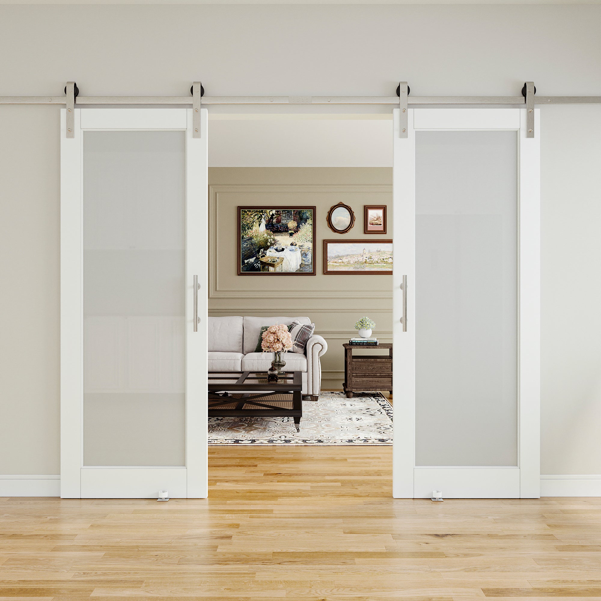 Ark Design 1-Lite Tempered Frosted Glass White Primed MDF Composite Sliding Barn Door with brushed nickle barn door hardware Kit