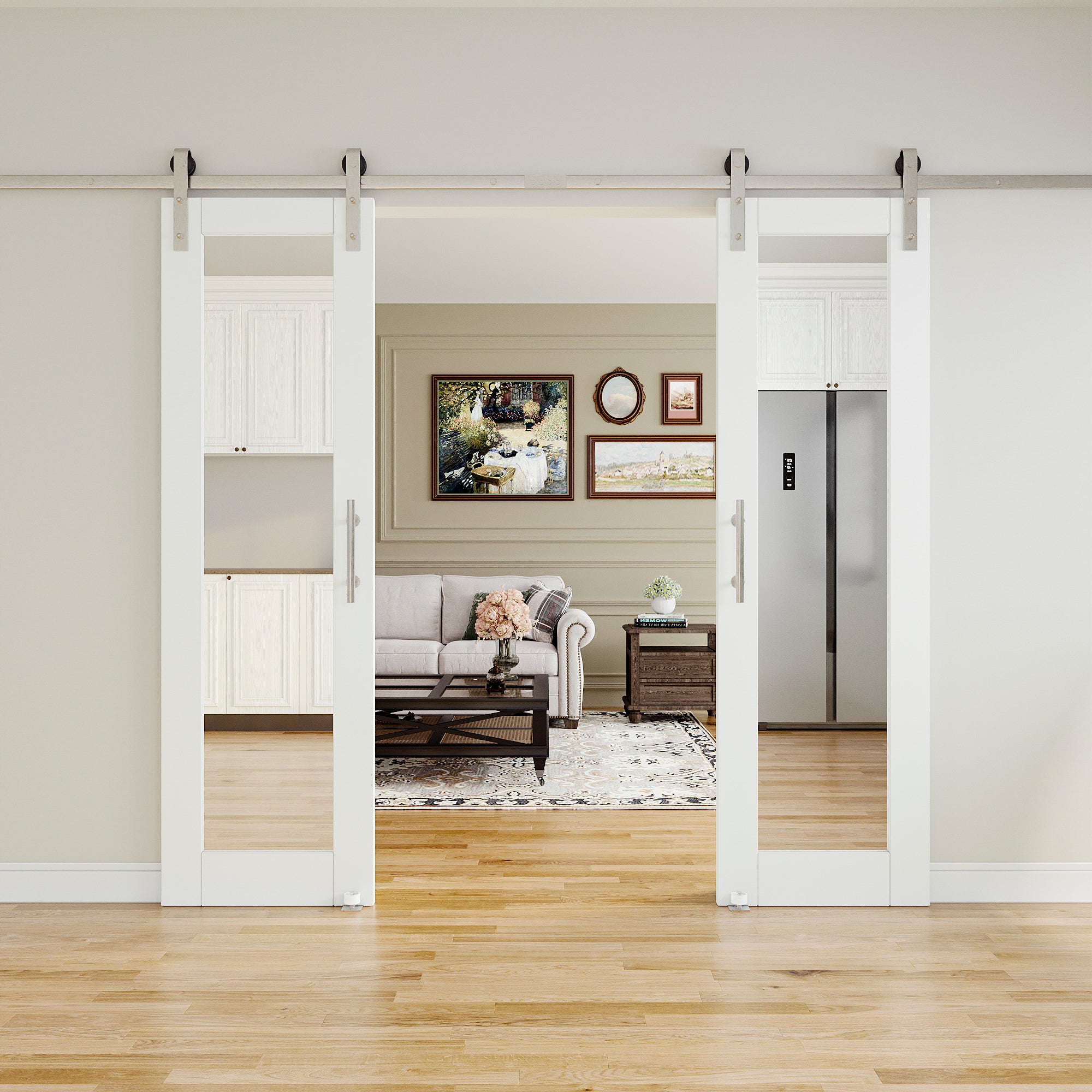 Ark Design Double Sides 1-Lite Mirrored Glass White Primed Sliding Barn Door with brushed nickle barn door hardware Kit