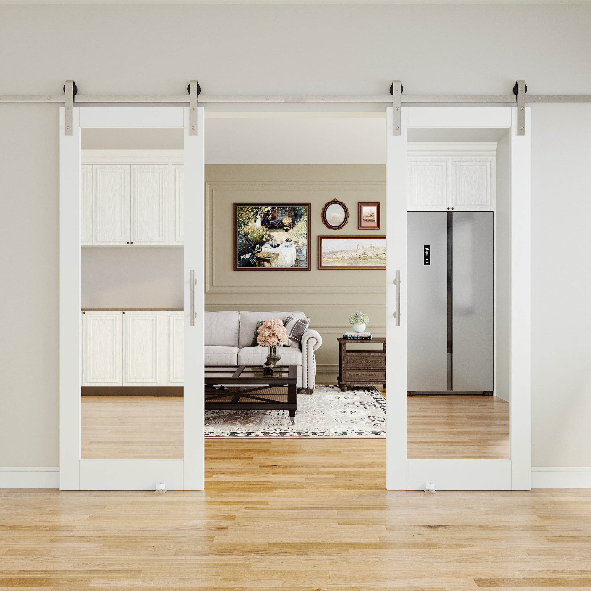 Ark Design Double Sides 1-Lite Mirrored Glass White Primed Sliding Barn Door with brushed nickle barn door hardware Kit
