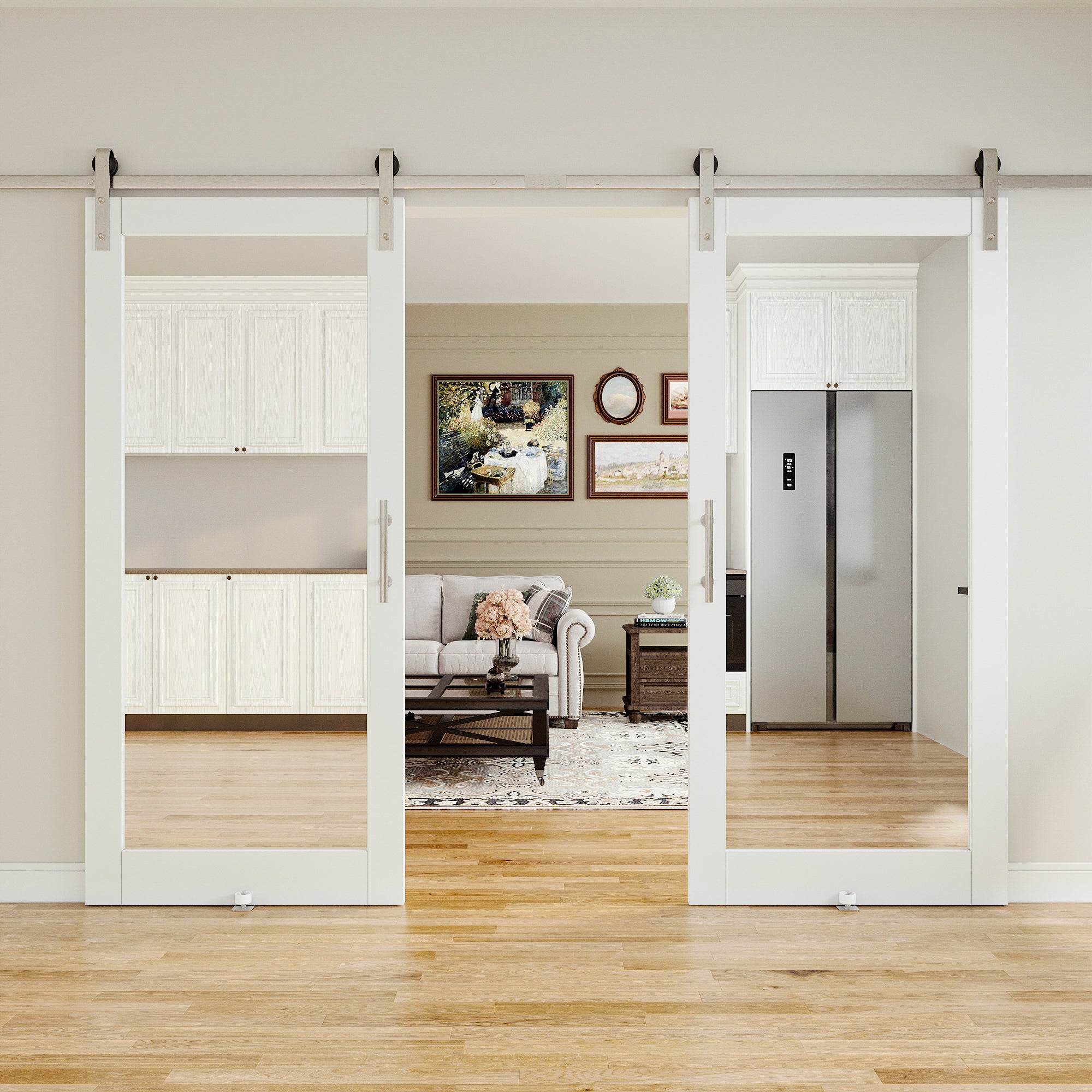 Ark Design Double Sides 1-Lite Mirrored Glass White Primed Sliding Barn Door with brushed nickle barn door hardware Kit