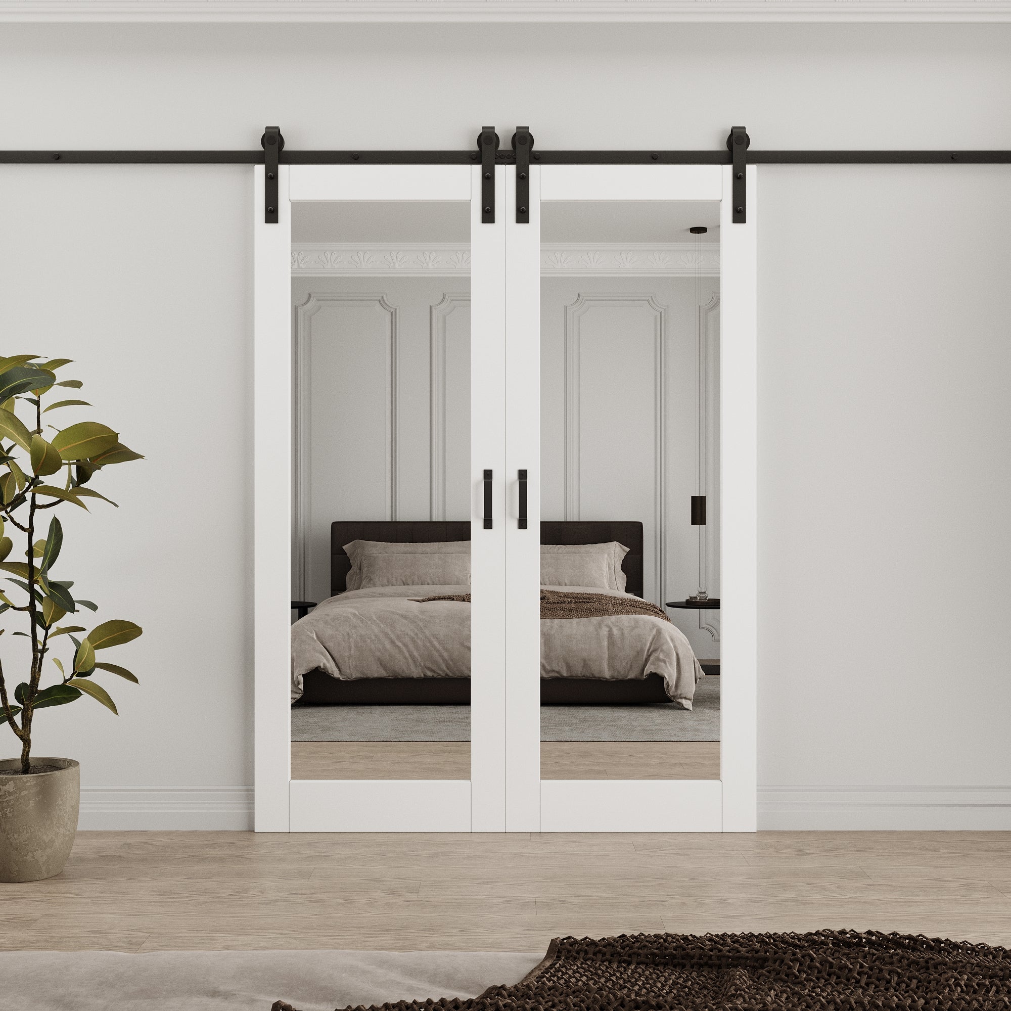 [Paintable] Ark Design Sliding Mirror Barn Door, Double-Side Mirror, Solid Core MDF Wood, with Hardware Kit & Handle & Floor Guide, White