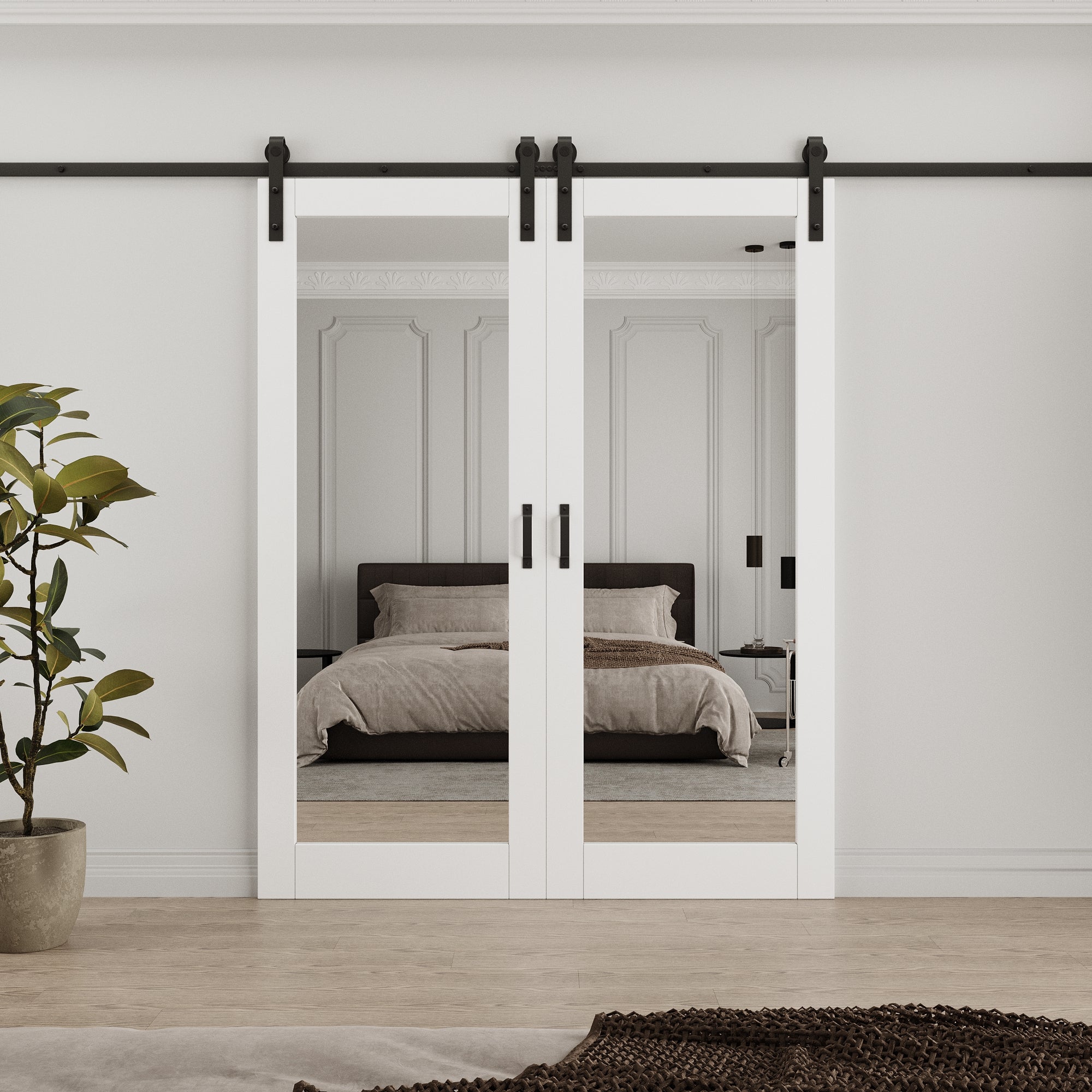 [Paintable] Ark Design Sliding Mirror Barn Door, Double-Side Mirror, Solid Core MDF Wood, with Hardware Kit & Handle & Floor Guide, White