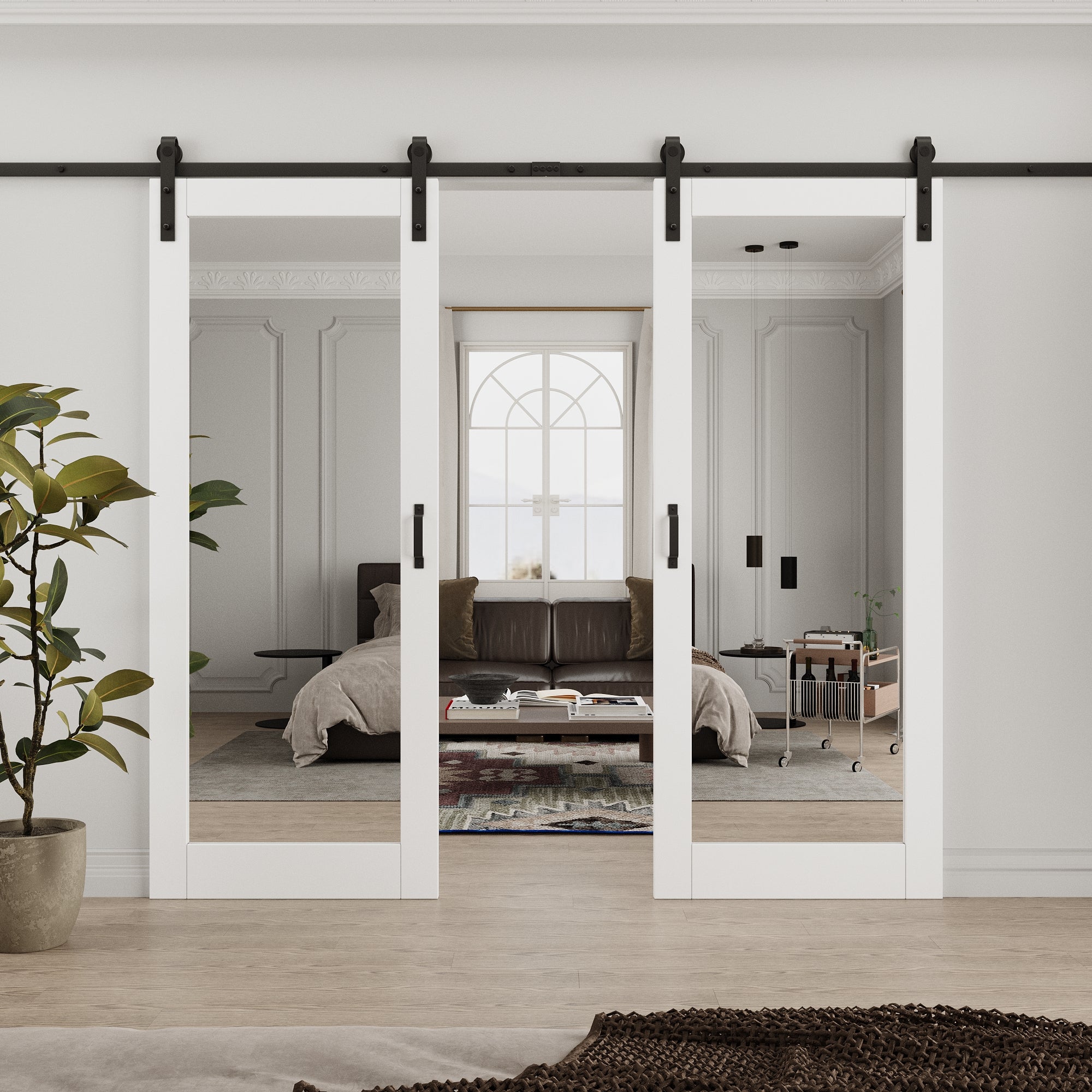 [Paintable] Ark Design Sliding Mirror Barn Door, Double-Side Mirror, Solid Core MDF Wood, with Hardware Kit & Handle & Floor Guide, White