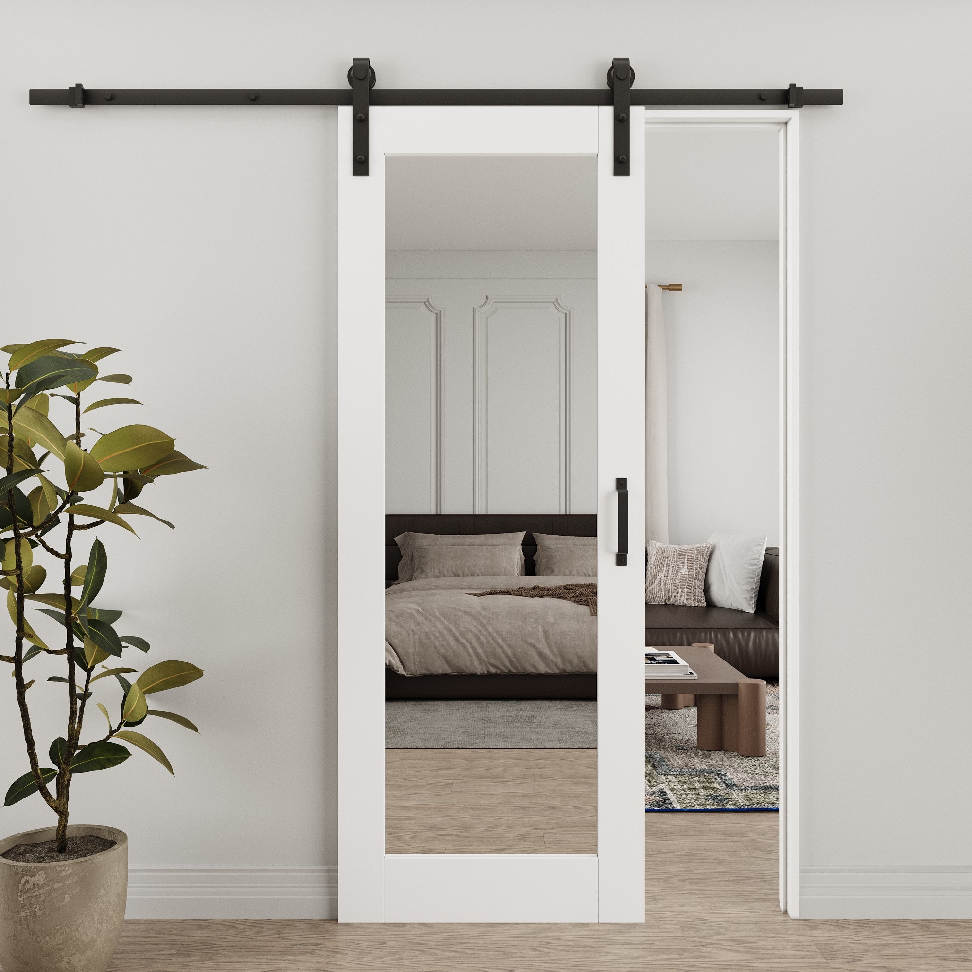 [Paintable] Ark Design Sliding Mirror Barn Door, Double-Side Mirror, Solid Core MDF Wood, with Hardware Kit & Handle & Floor Guide, White