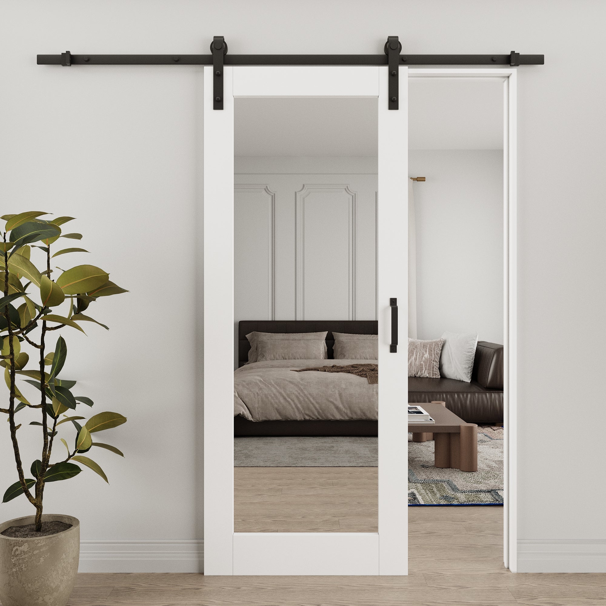 [Paintable] Ark Design Sliding Mirror Barn Door, Double-Side Mirror, Solid Core MDF Wood, with Hardware Kit & Handle & Floor Guide, White