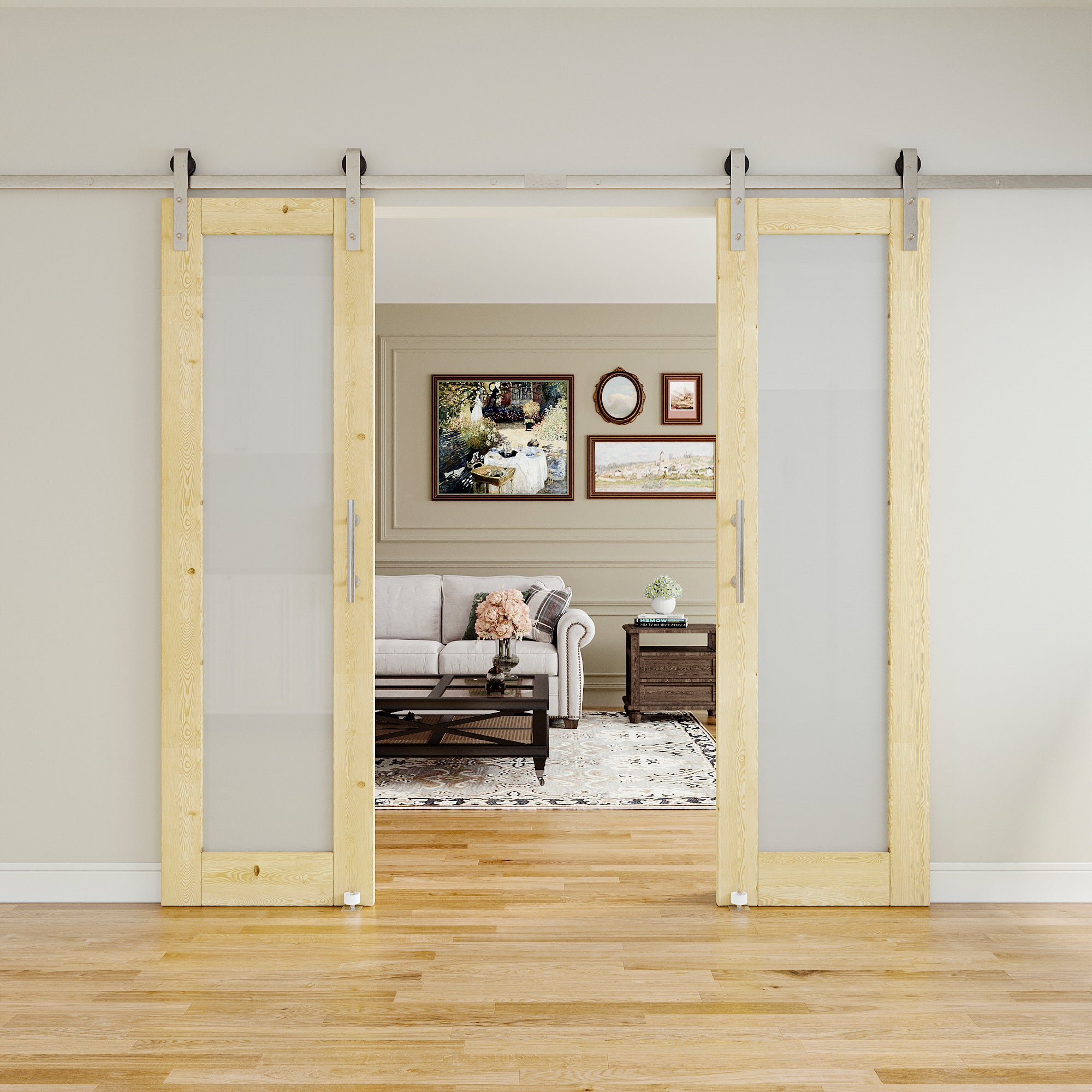 Ark Design 1-Lite Frosted Glass Unfinished Solid Pine Wood Sliding Barn Door with brushed nickle barn door hardware Kit