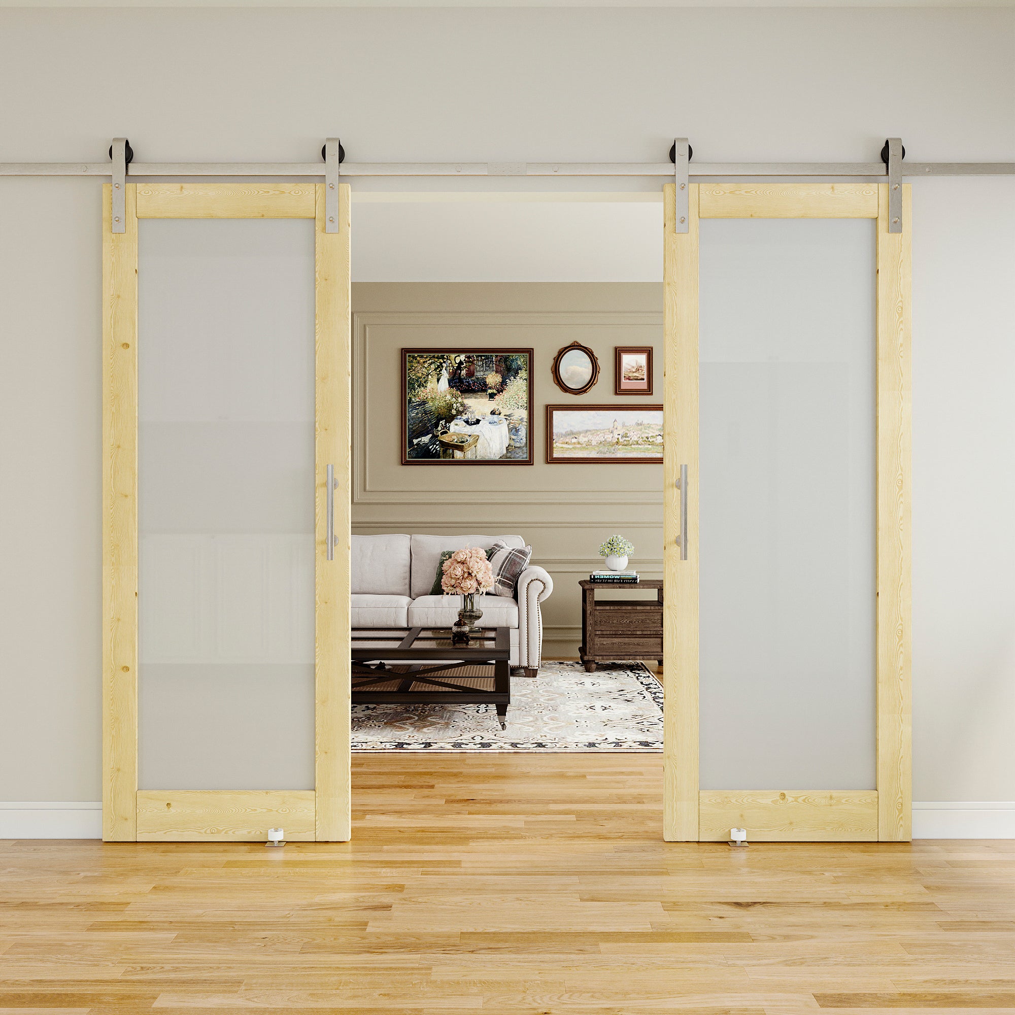 Ark Design 1-Lite Frosted Glass Unfinished Solid Pine Wood Sliding Barn Door with brushed nickle barn door hardware Kit