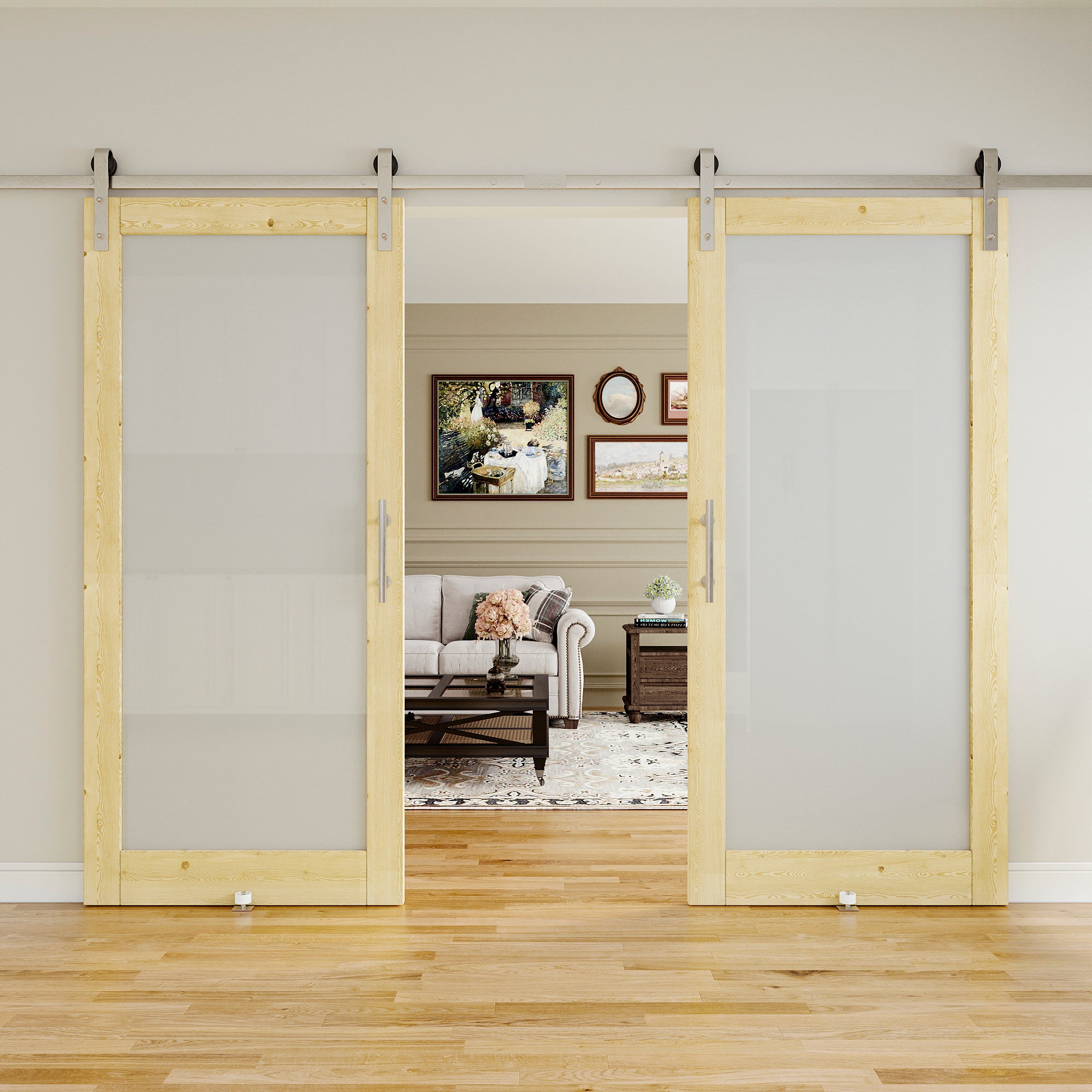 Ark Design 1-Lite Frosted Glass Unfinished Solid Pine Wood Sliding Barn Door with brushed nickle barn door hardware Kit