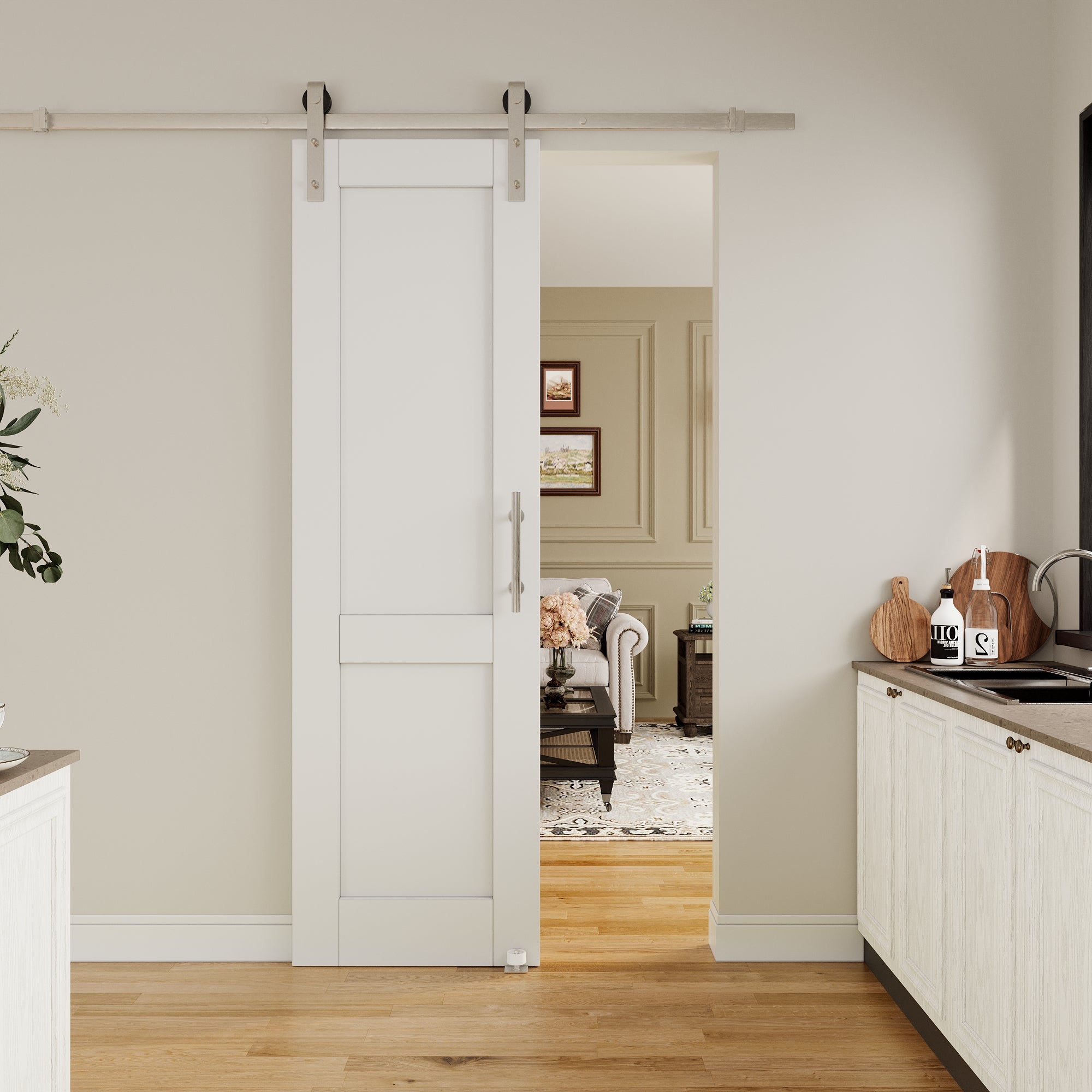 Ark Design 2 Panled White Primed Paneled MDF Sliding Barn Door with Brushed Nickle Hardware Kit