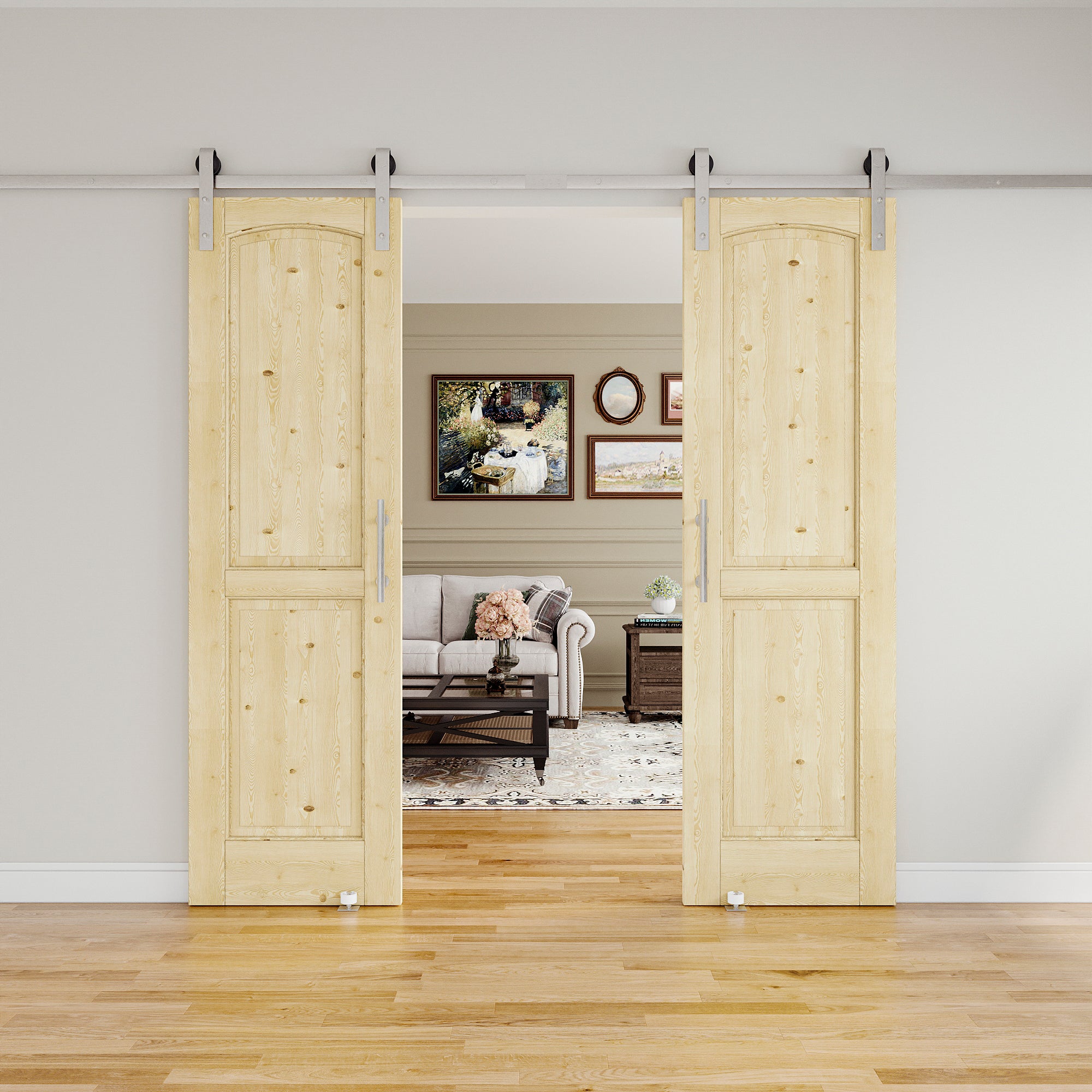 Ark Design Arch 2-Panel Unfinished Solid Core Pine Wood Sliding Barn Door with brushed nickle barn door hardware Kit