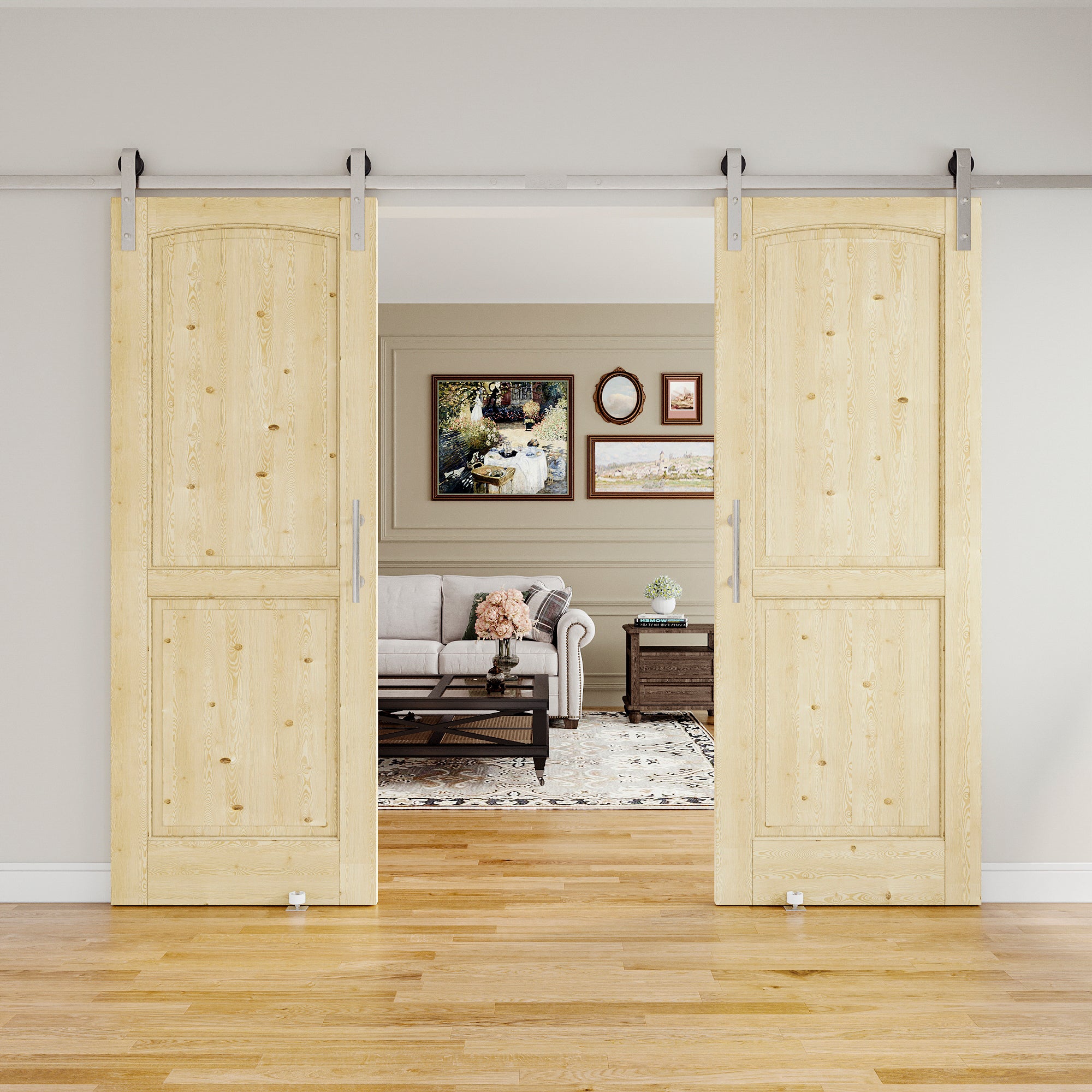Ark Design Arch 2-Panel Unfinished Solid Core Pine Wood Sliding Barn Door with brushed nickle barn door hardware Kit