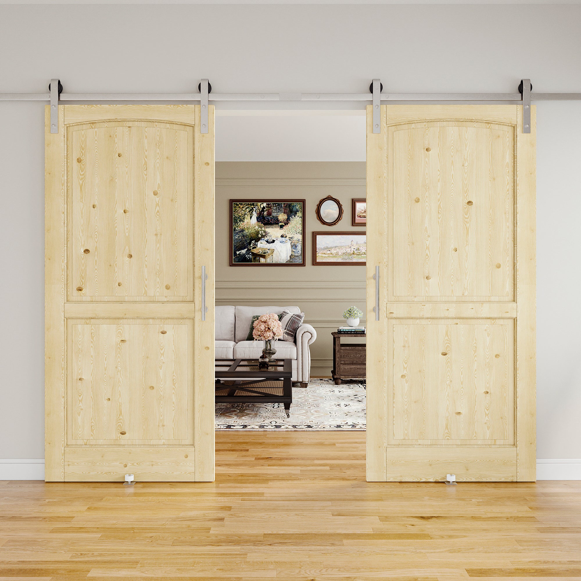 Ark Design Arch 2-Panel Unfinished Solid Core Pine Wood Sliding Barn Door with brushed nickle barn door hardware Kit