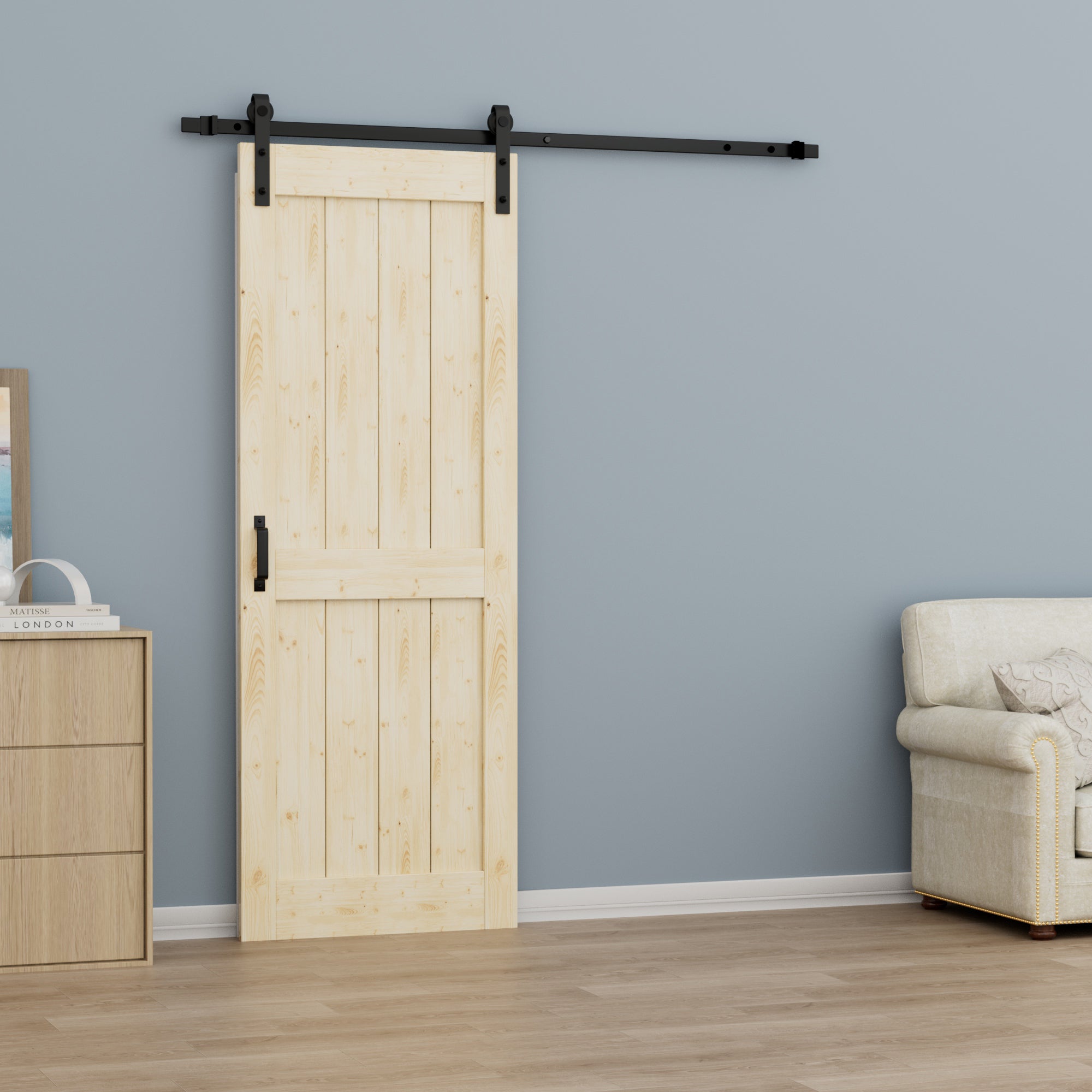 Ark Design Sliding Barn Door, Solid Pine Wood, H Design, Unfinished, with Hardware Kit & Handle & Floor Guide