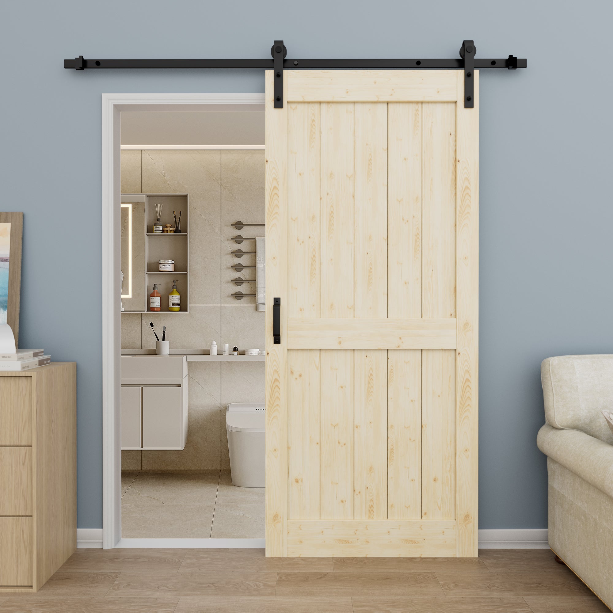 Ark Design Sliding Barn Door, Solid Pine Wood, H Design, Unfinished, with Hardware Kit & Handle & Floor Guide