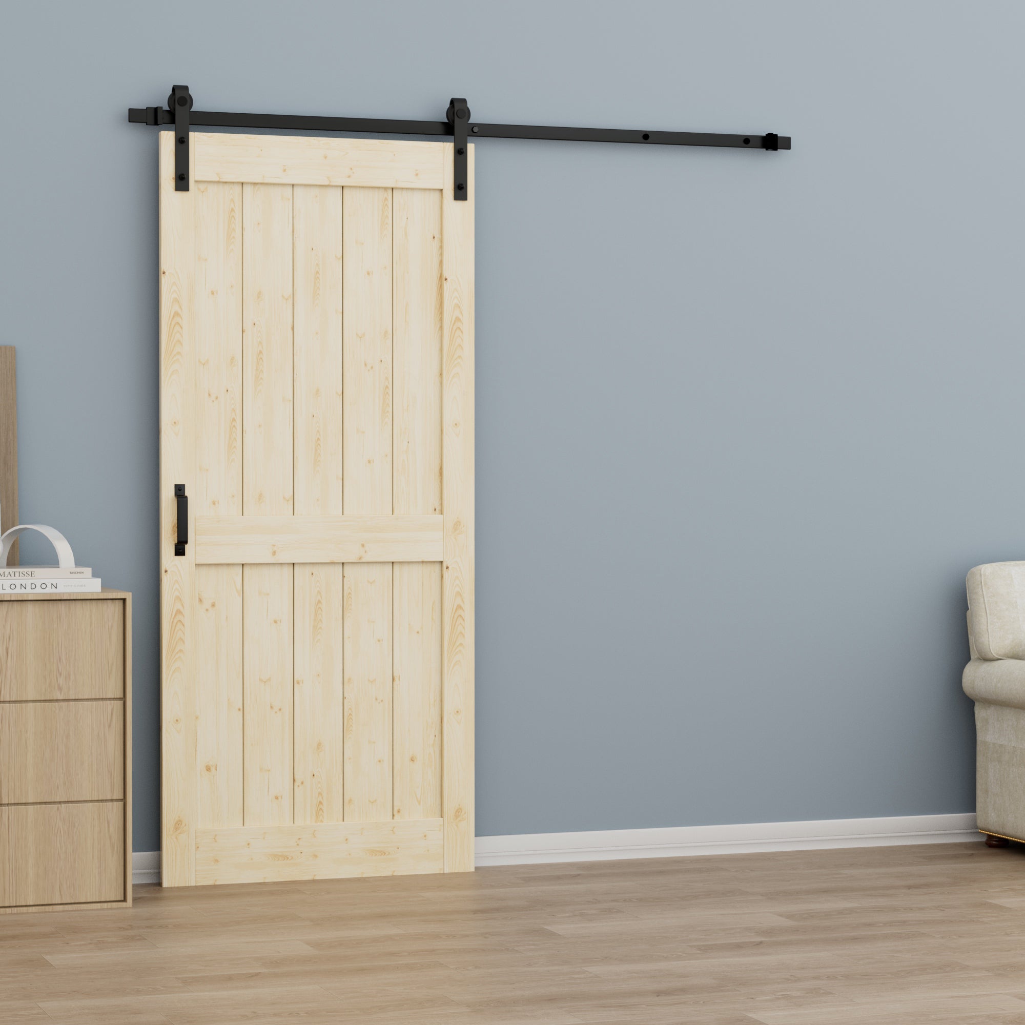 Ark Design Sliding Barn Door, Solid Pine Wood, H Design, Unfinished, with Hardware Kit & Handle & Floor Guide