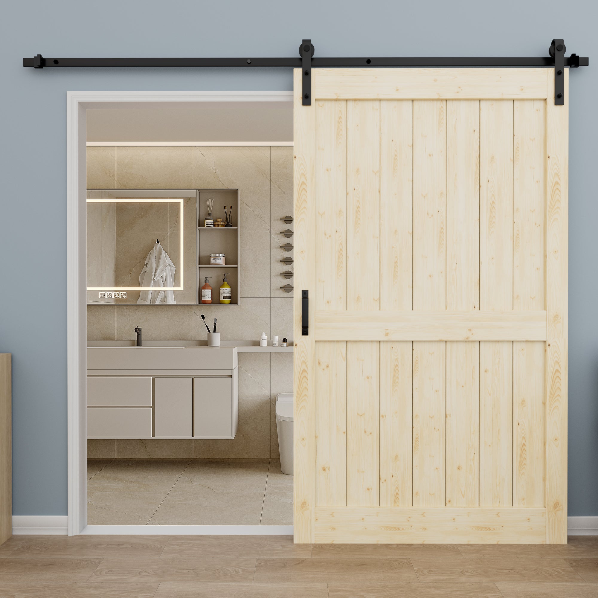 Ark Design Sliding Barn Door, Solid Pine Wood, H Design, Unfinished, with Hardware Kit & Handle & Floor Guide