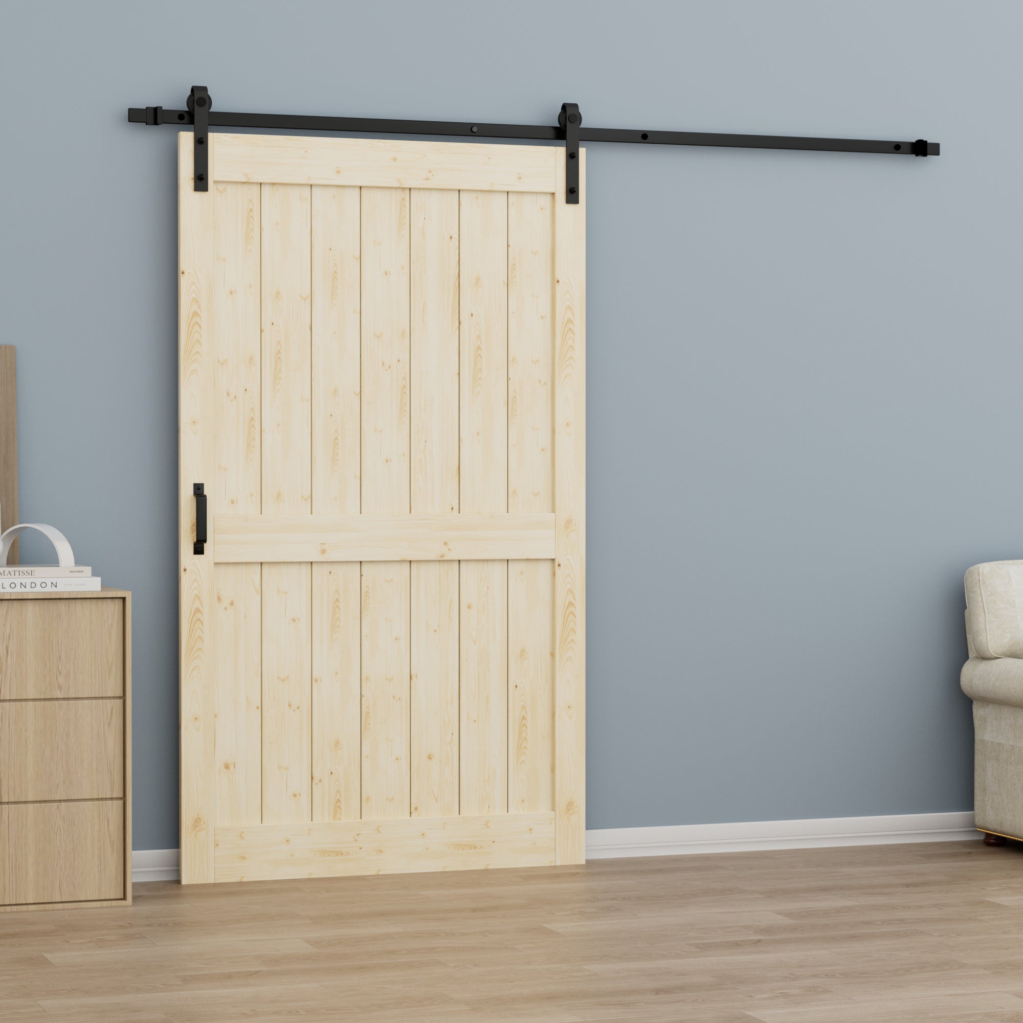 Ark Design Sliding Barn Door, Solid Pine Wood, H Design, Unfinished, with Hardware Kit & Handle & Floor Guide