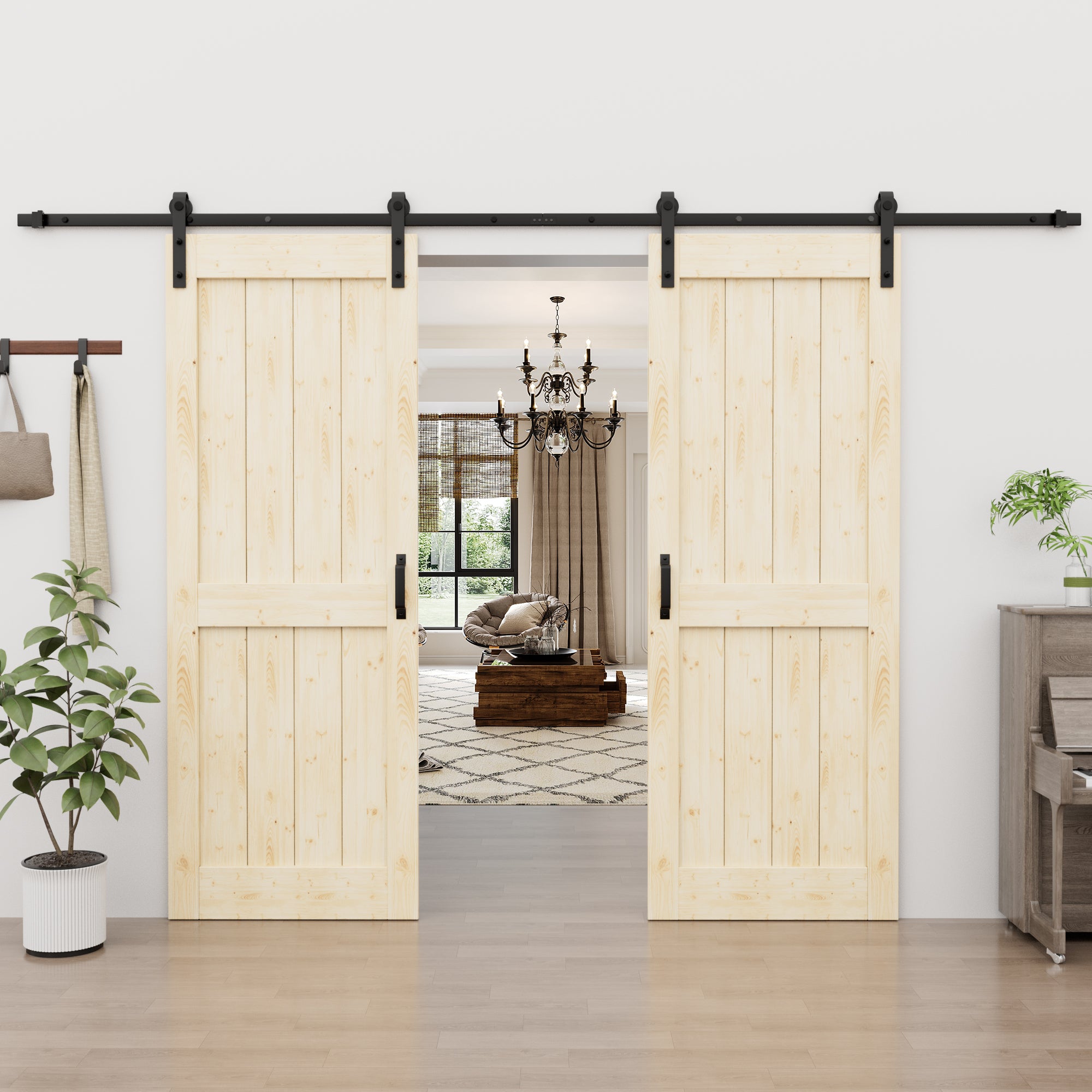 Ark Design Sliding Barn Door, Solid Pine Wood, H Design, Unfinished, with Hardware Kit & Handle & Floor Guide