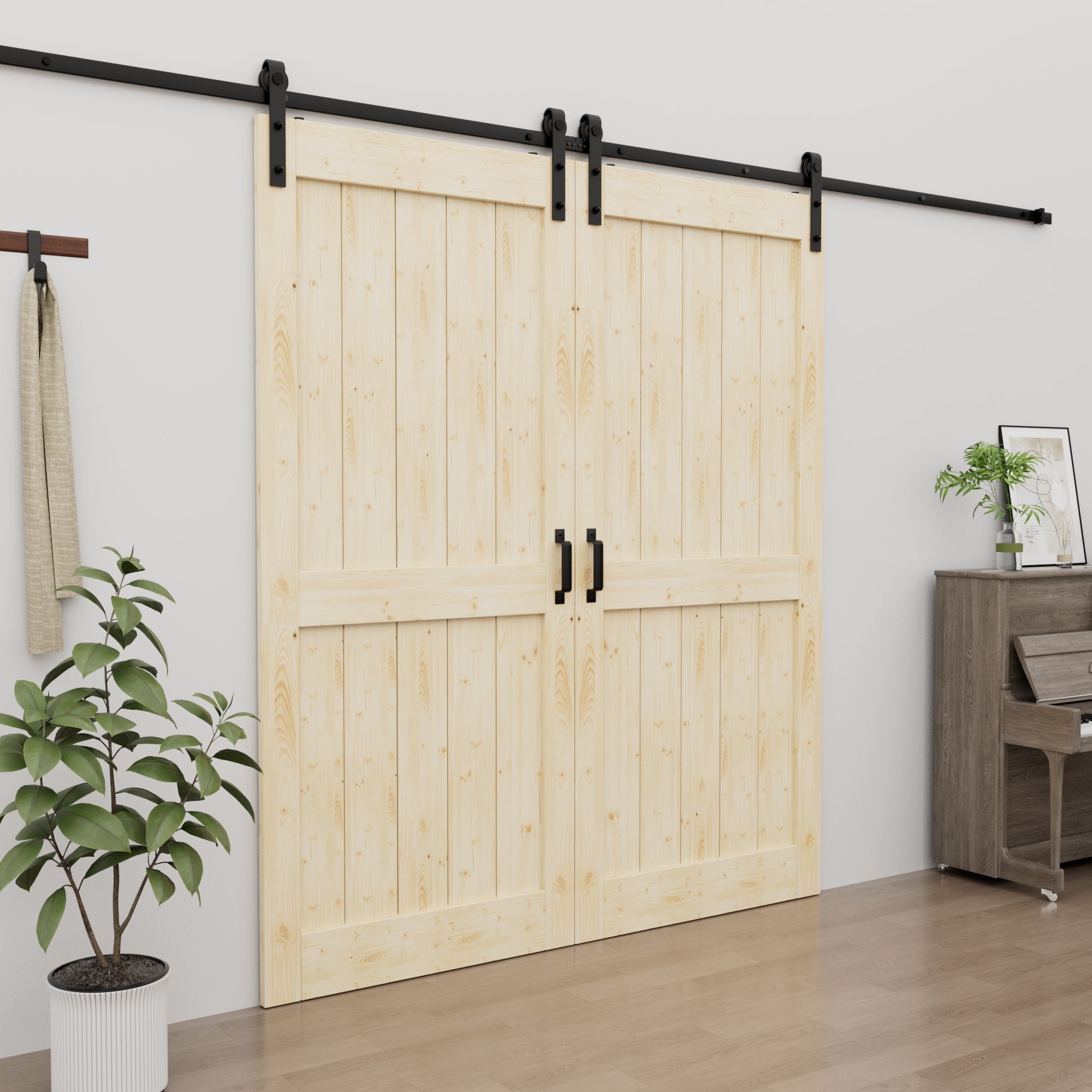 Ark Design Sliding Barn Door, Solid Pine Wood, H Design, Unfinished, with Hardware Kit & Handle & Floor Guide