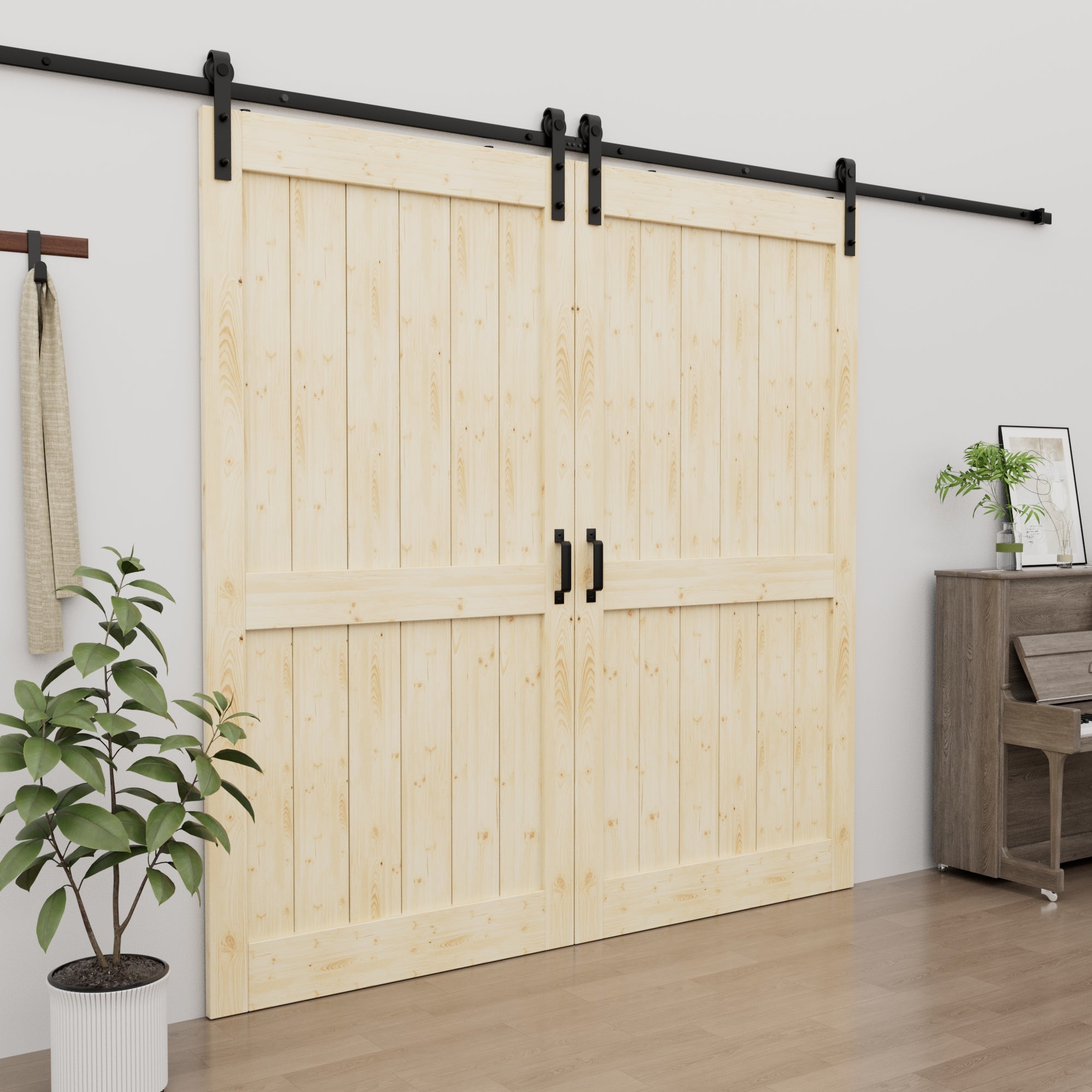 Ark Design Sliding Barn Door, Solid Pine Wood, H Design, Unfinished, with Hardware Kit & Handle & Floor Guide
