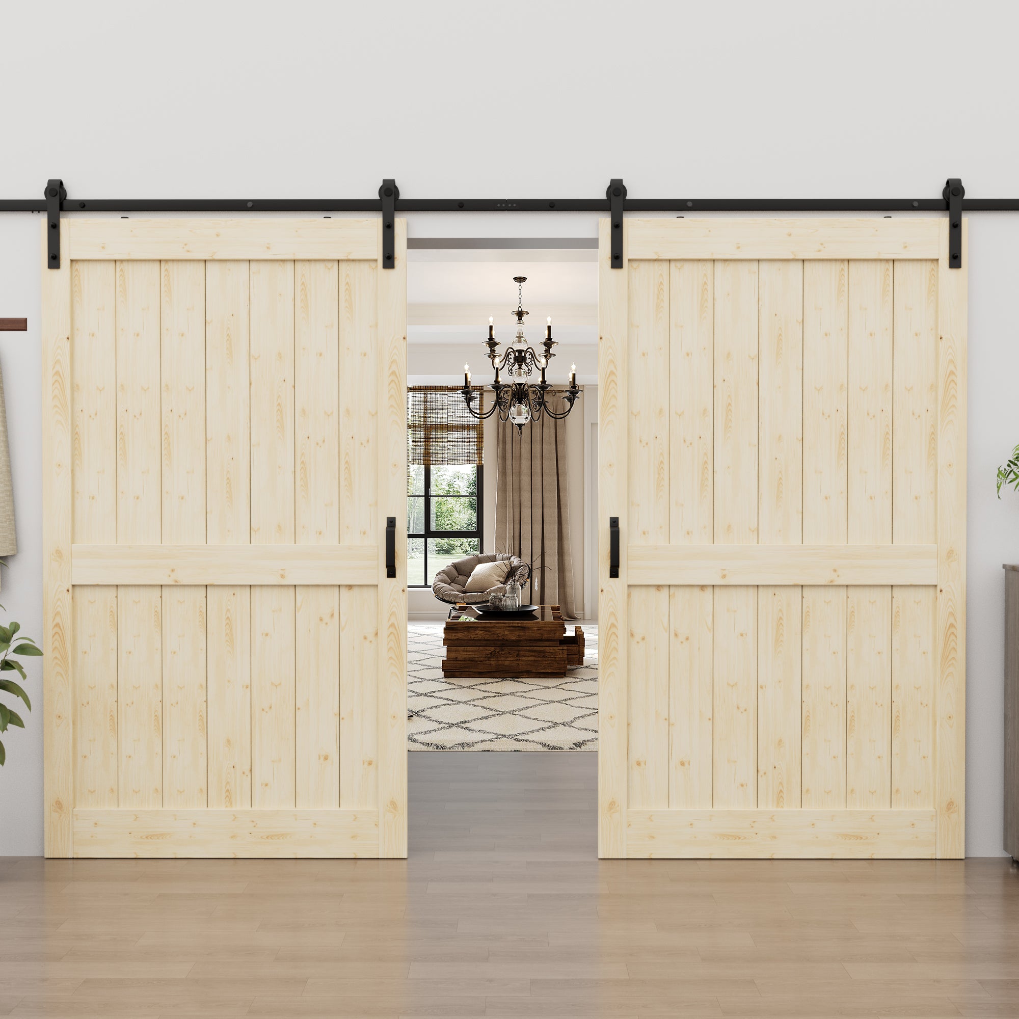 Ark Design Sliding Barn Door, Solid Pine Wood, H Design, Unfinished, with Hardware Kit & Handle & Floor Guide