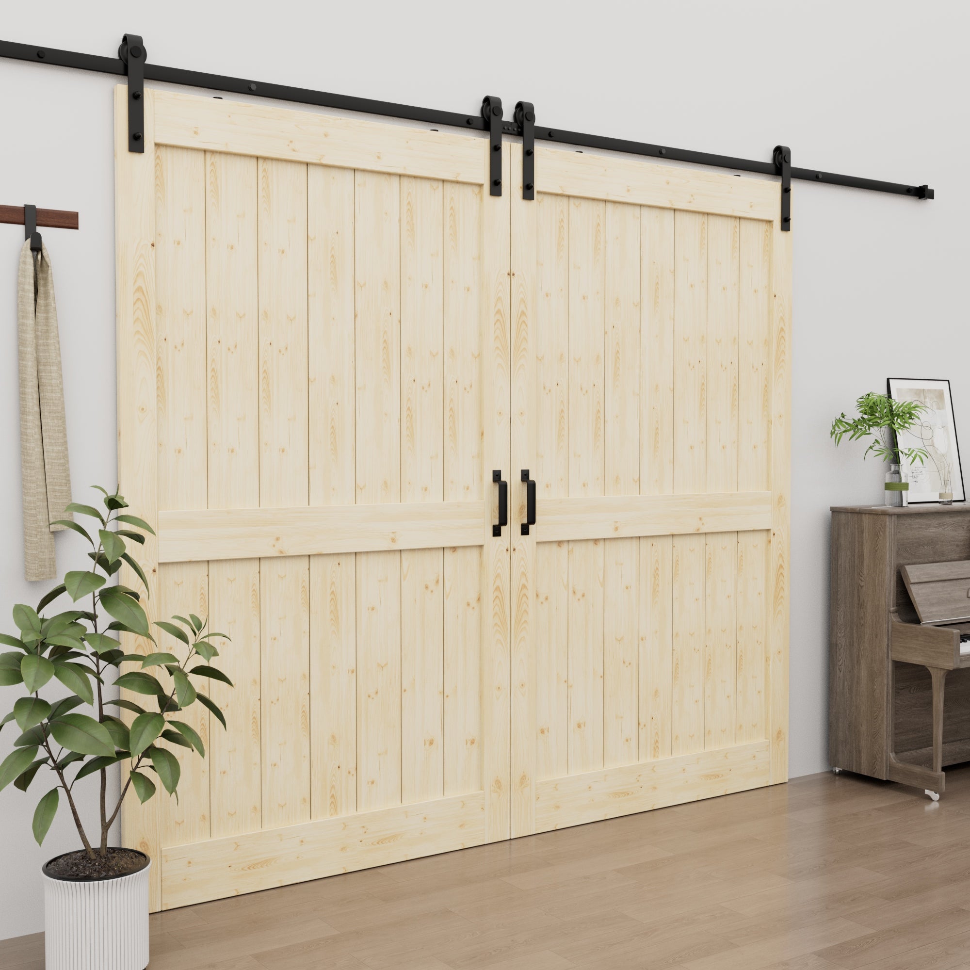 Ark Design Sliding Barn Door, Solid Pine Wood, H Design, Unfinished, with Hardware Kit & Handle & Floor Guide