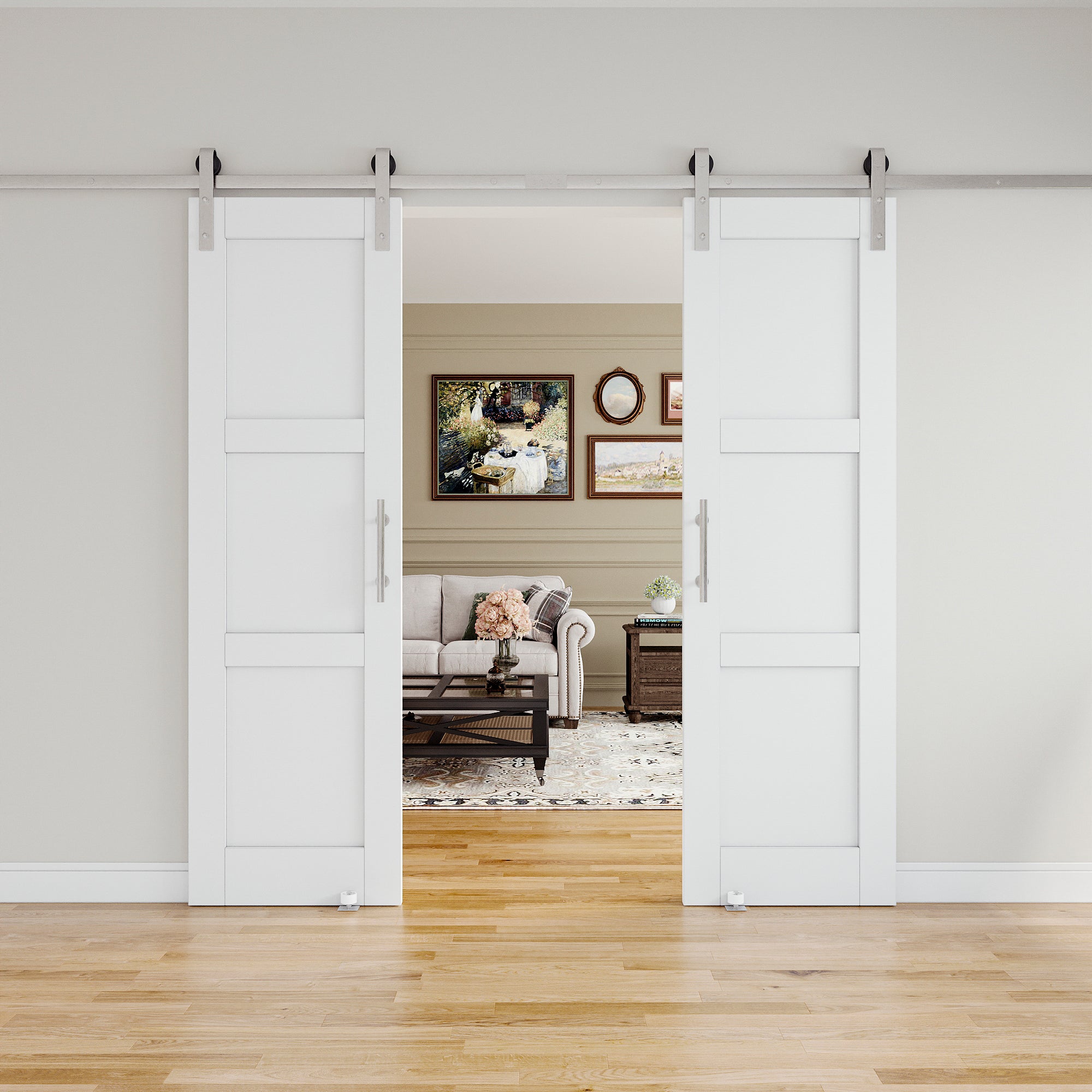 Ark Design 3-Lite Panel White Primed Paneled MDF Sliding Barn Door with brushed nickle barn door hardware Kit