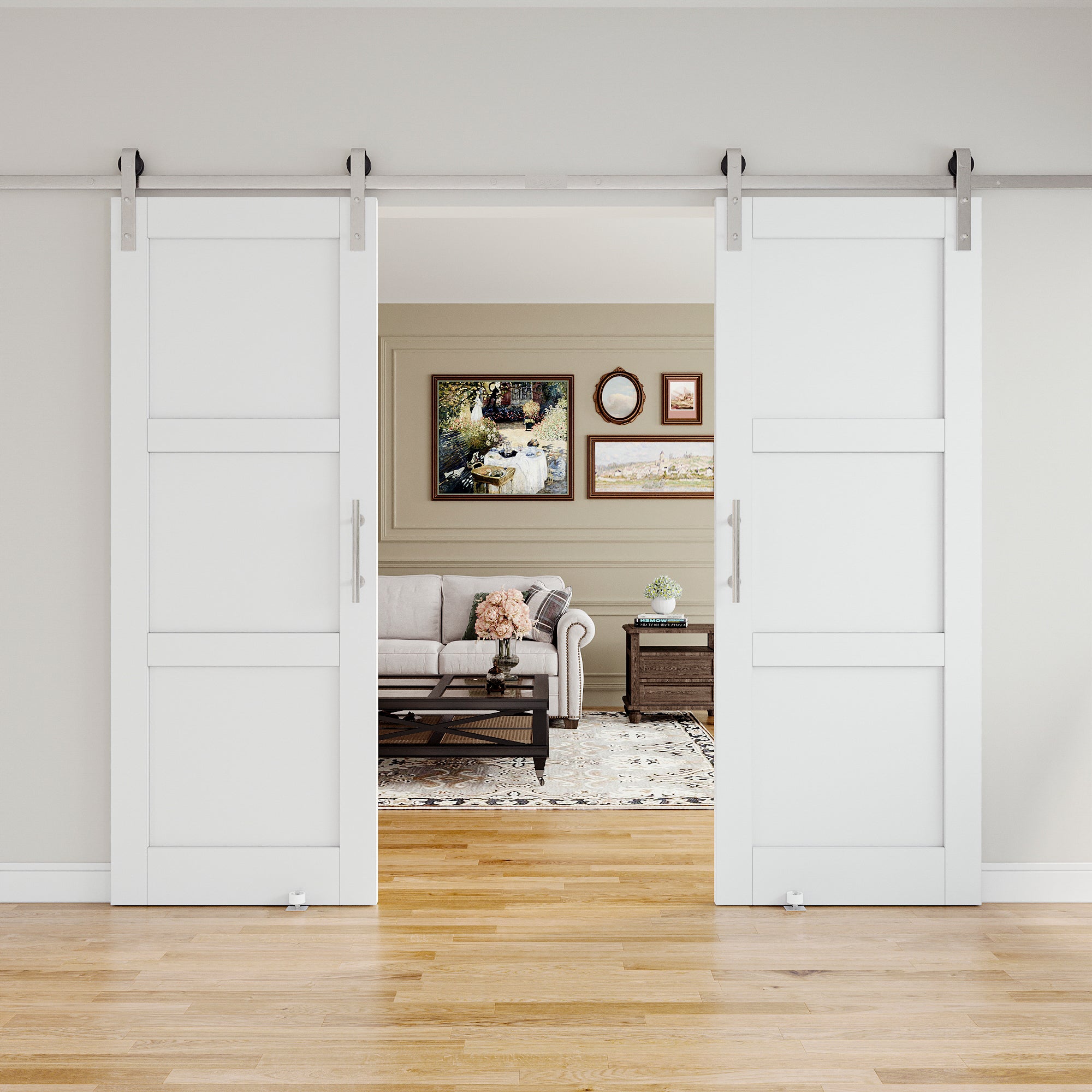 Ark Design 3-Lite Panel White Primed Paneled MDF Sliding Barn Door with brushed nickle barn door hardware Kit