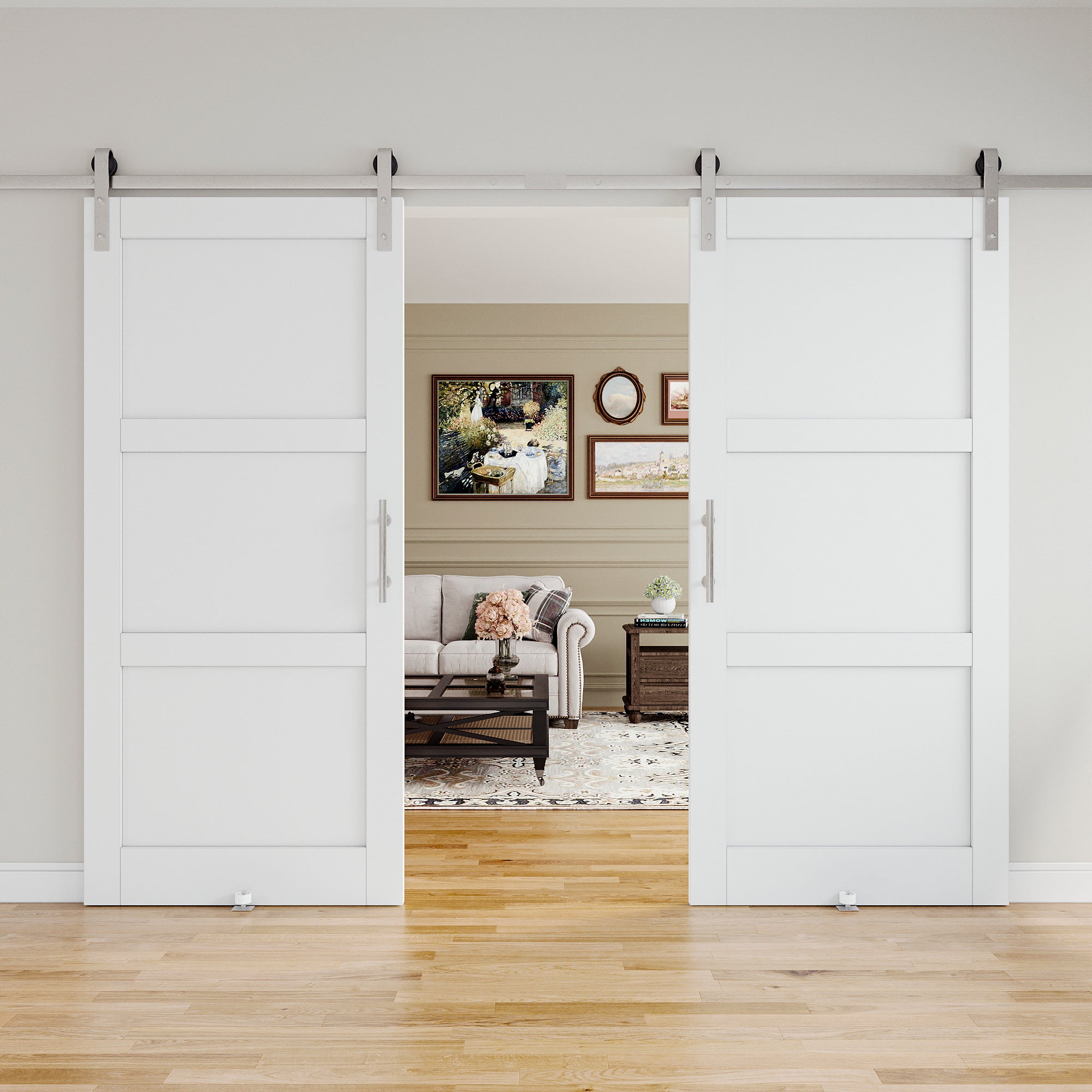 Ark Design 3-Lite Panel White Primed Paneled MDF Sliding Barn Door with brushed nickle barn door hardware Kit