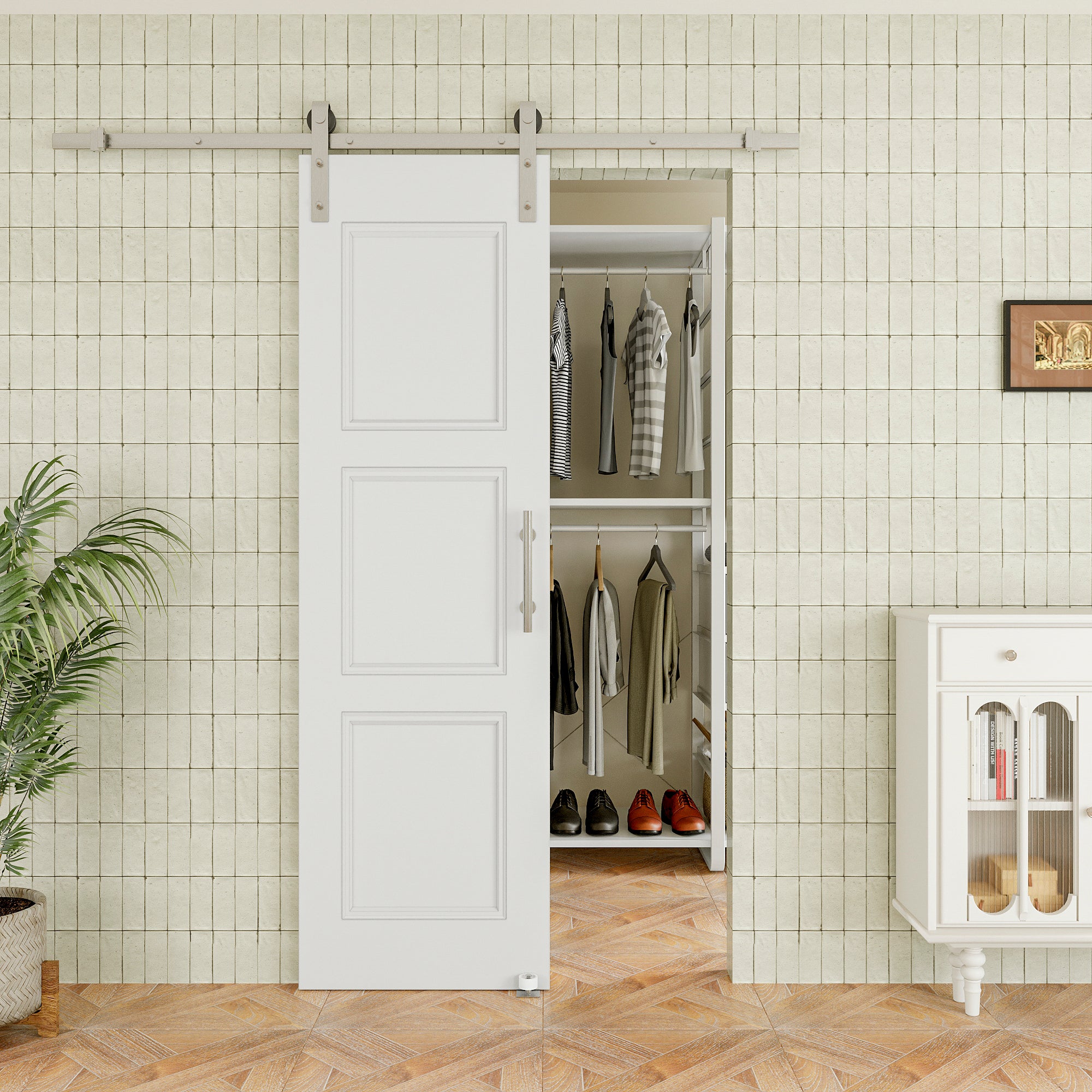 Ark Design Molded 3 Panel White Primed Paneled MDF Sliding Barn Door with brushed nickle barn door hardware Kit
