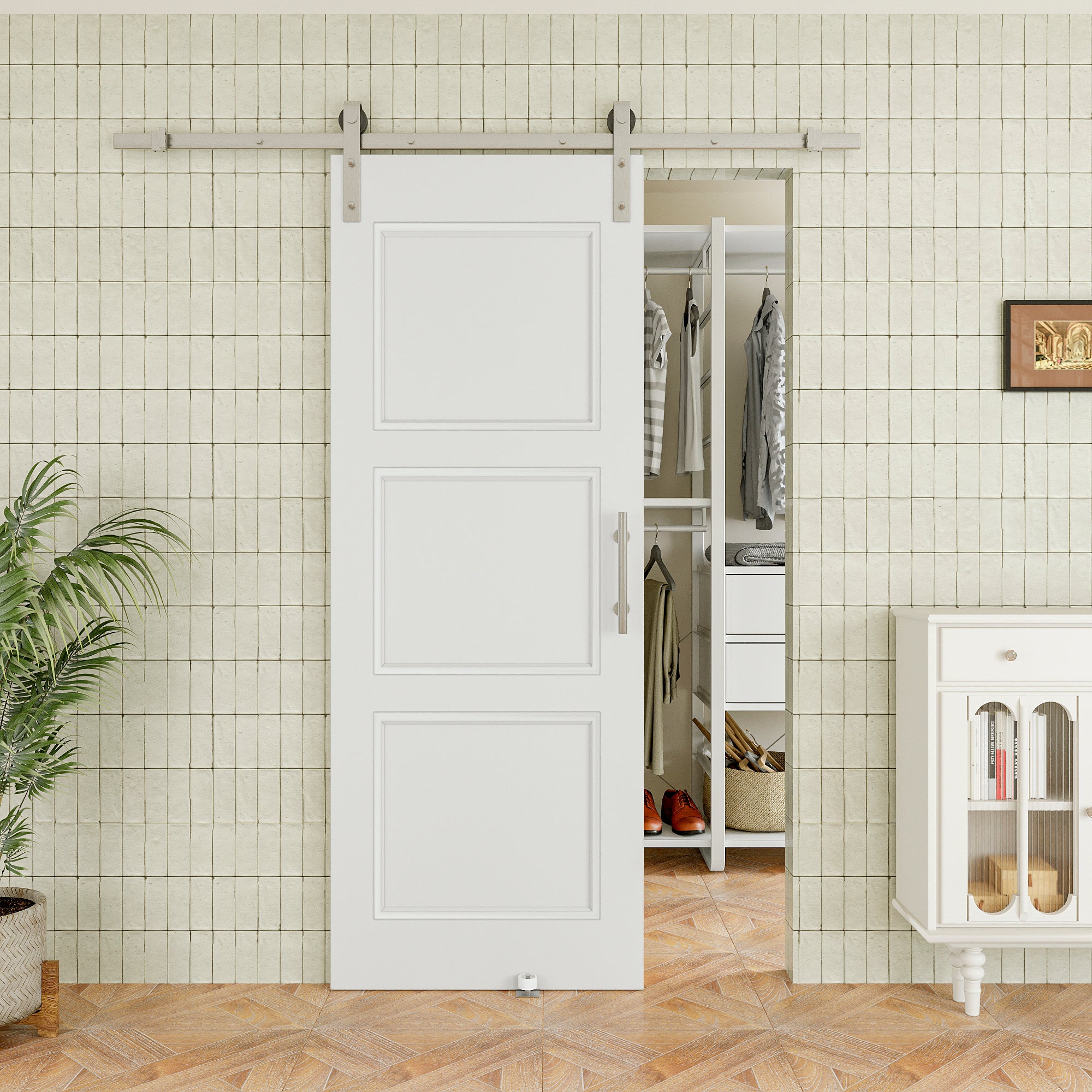 Ark Design Molded 3 Panel White Primed Paneled MDF Sliding Barn Door with brushed nickle barn door hardware Kit