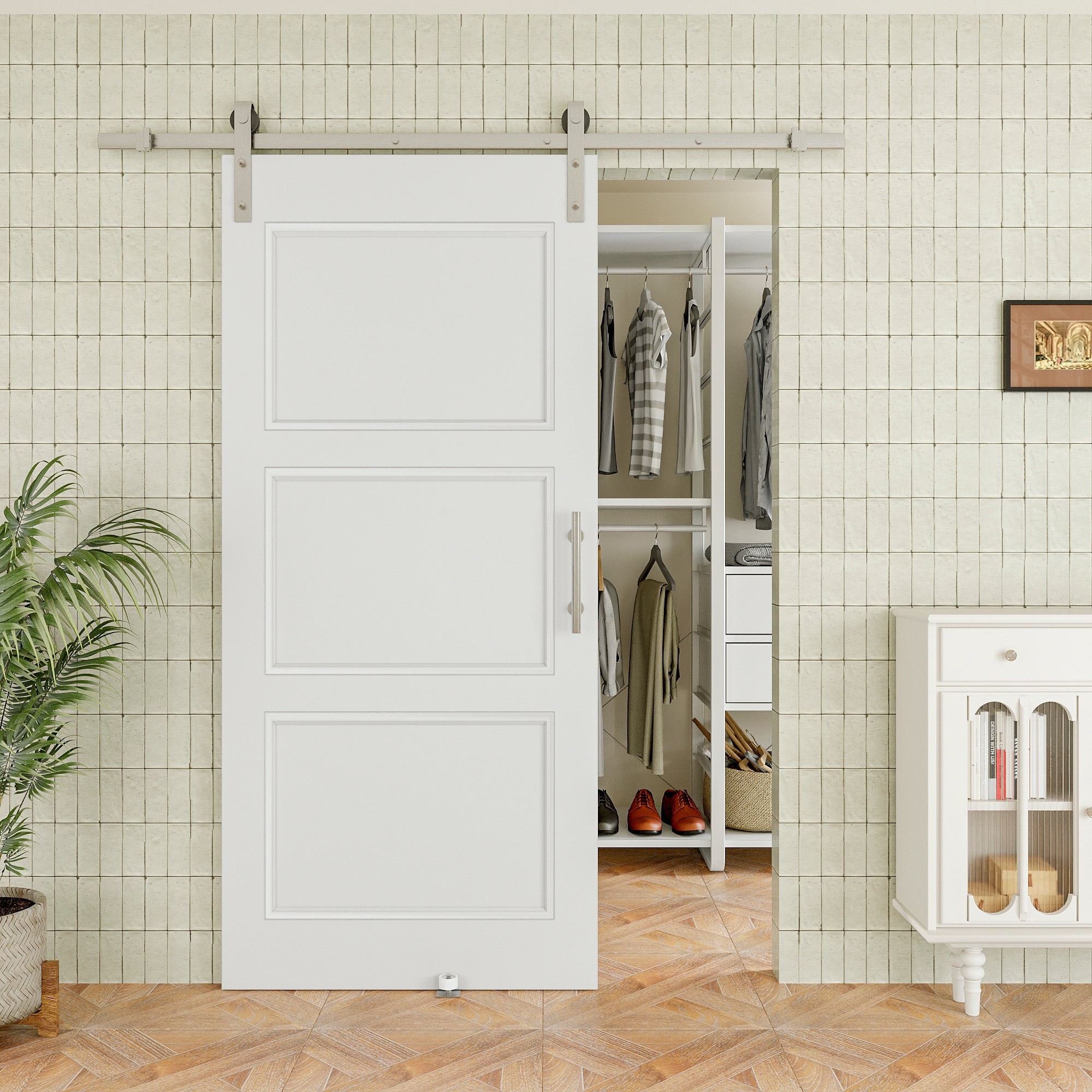 Ark Design Molded 3 Panel White Primed Paneled MDF Sliding Barn Door with brushed nickle barn door hardware Kit