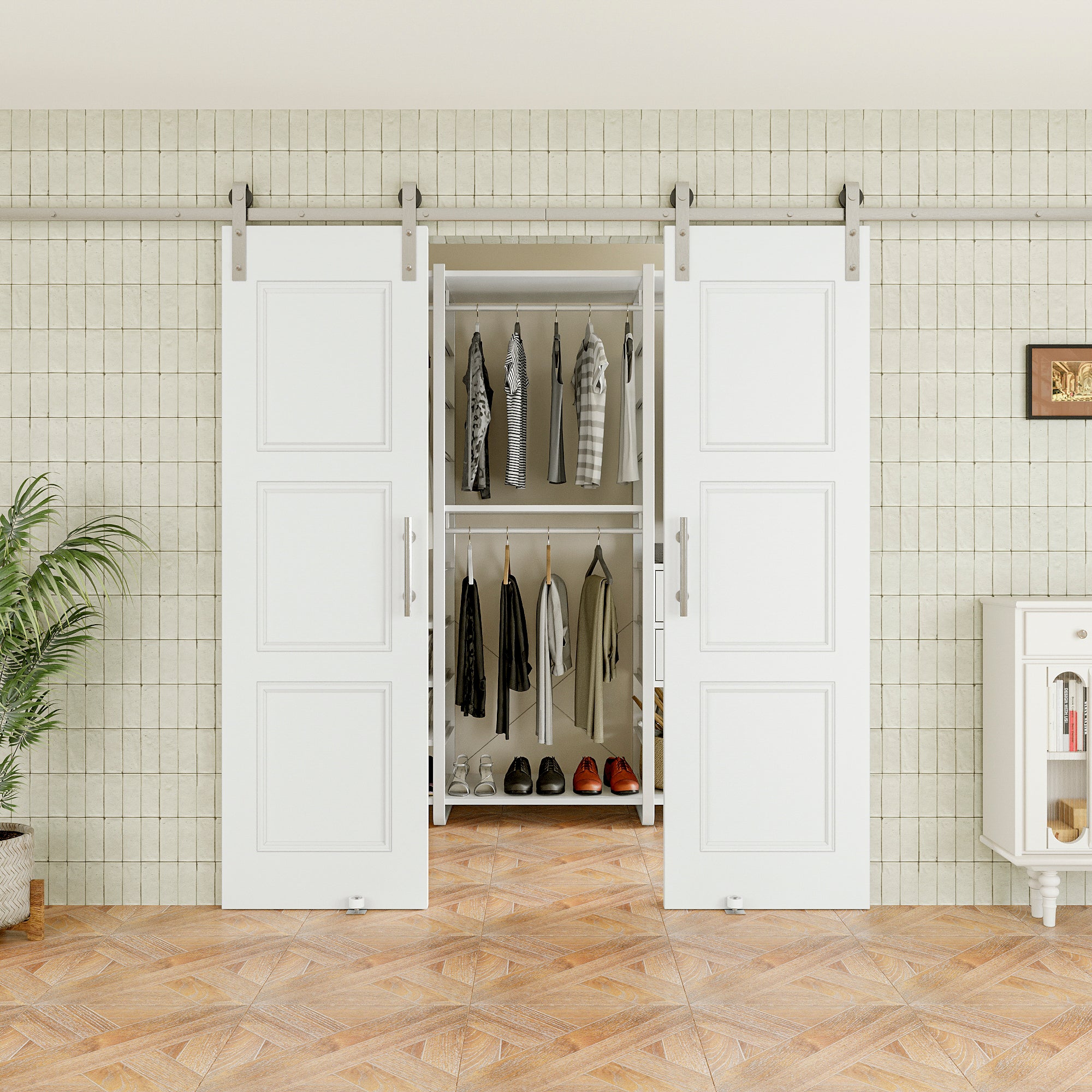 Ark Design Molded 3 Panel White Primed Paneled MDF Sliding Barn Door with brushed nickle barn door hardware Kit