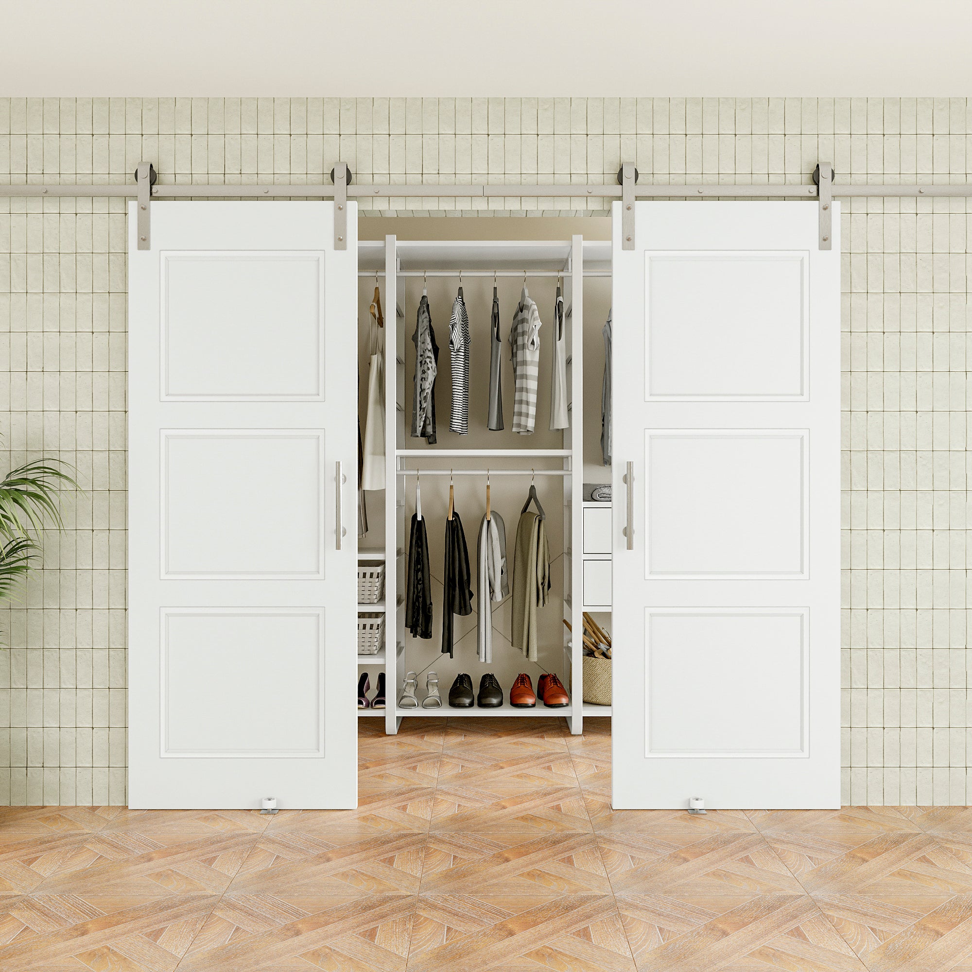 Ark Design Molded 3 Panel White Primed Paneled MDF Sliding Barn Door with brushed nickle barn door hardware Kit